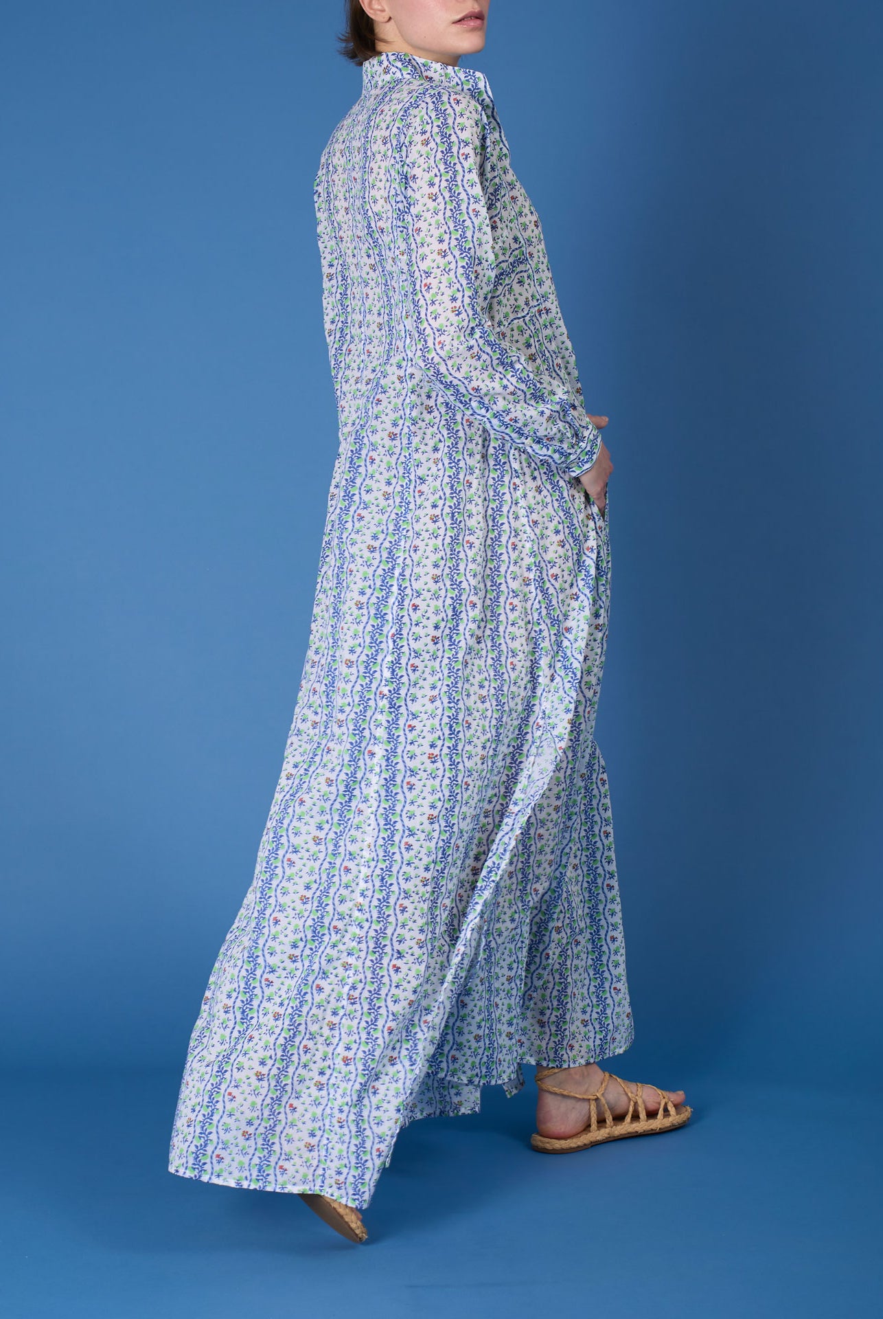 Back view of Parvati Liselund Print Green / Cobalt Kaftan Long by Thierry Colson