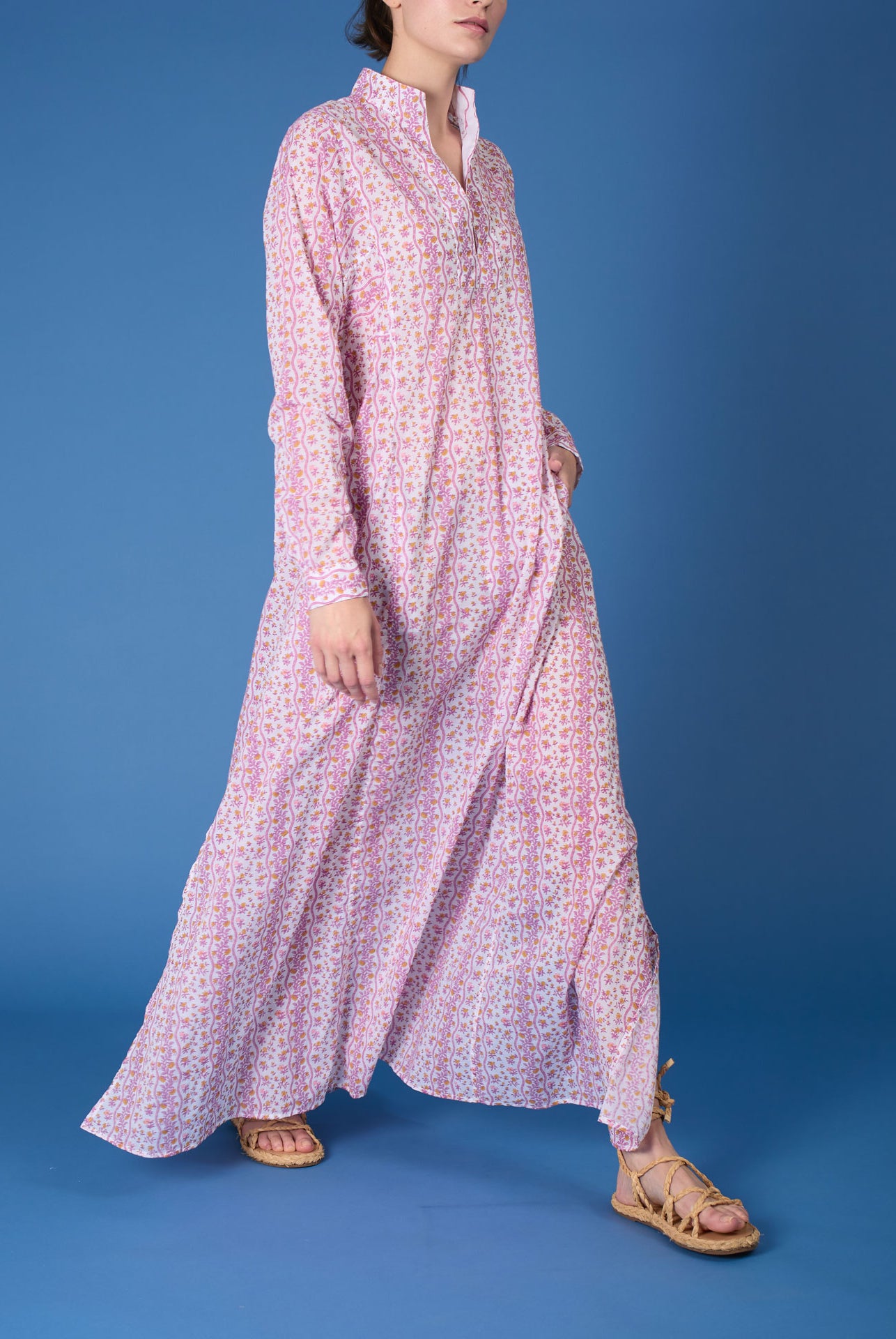 Front view of Parvati Cyclamen Mustard long Kaftan by Thierry Colson