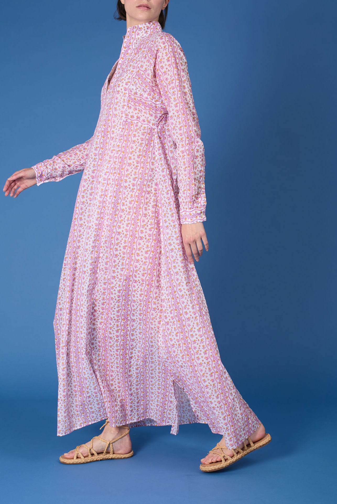 Side view of Parvati Cyclamen Mustard long Kaftan by Thierry Colson