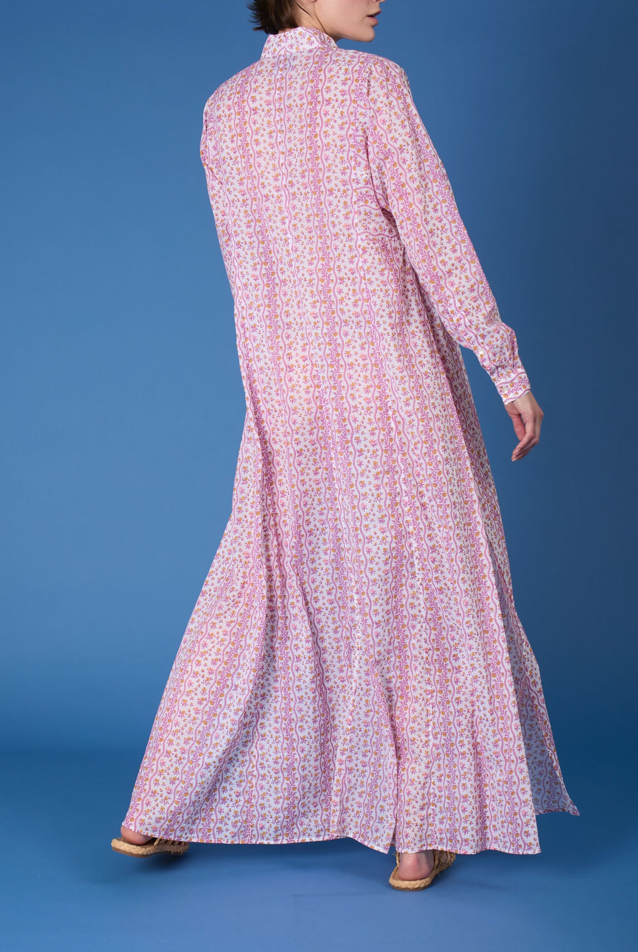 Back view of Parvati Cyclamen Mustard long Kaftan by Thierry Colson