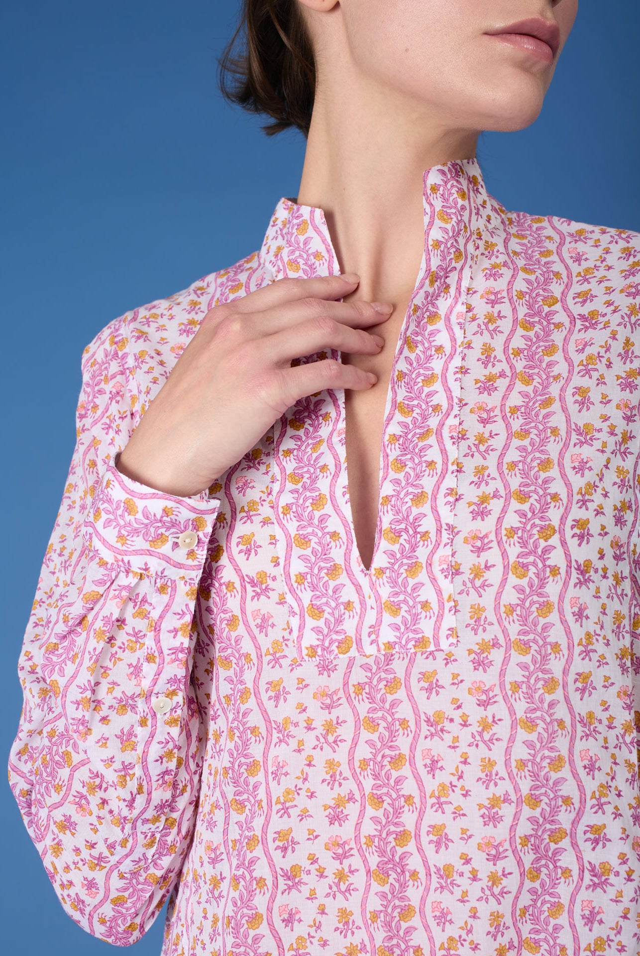 Close up view of Parvati Cyclamen Mustard long Kaftan by Thierry Colson