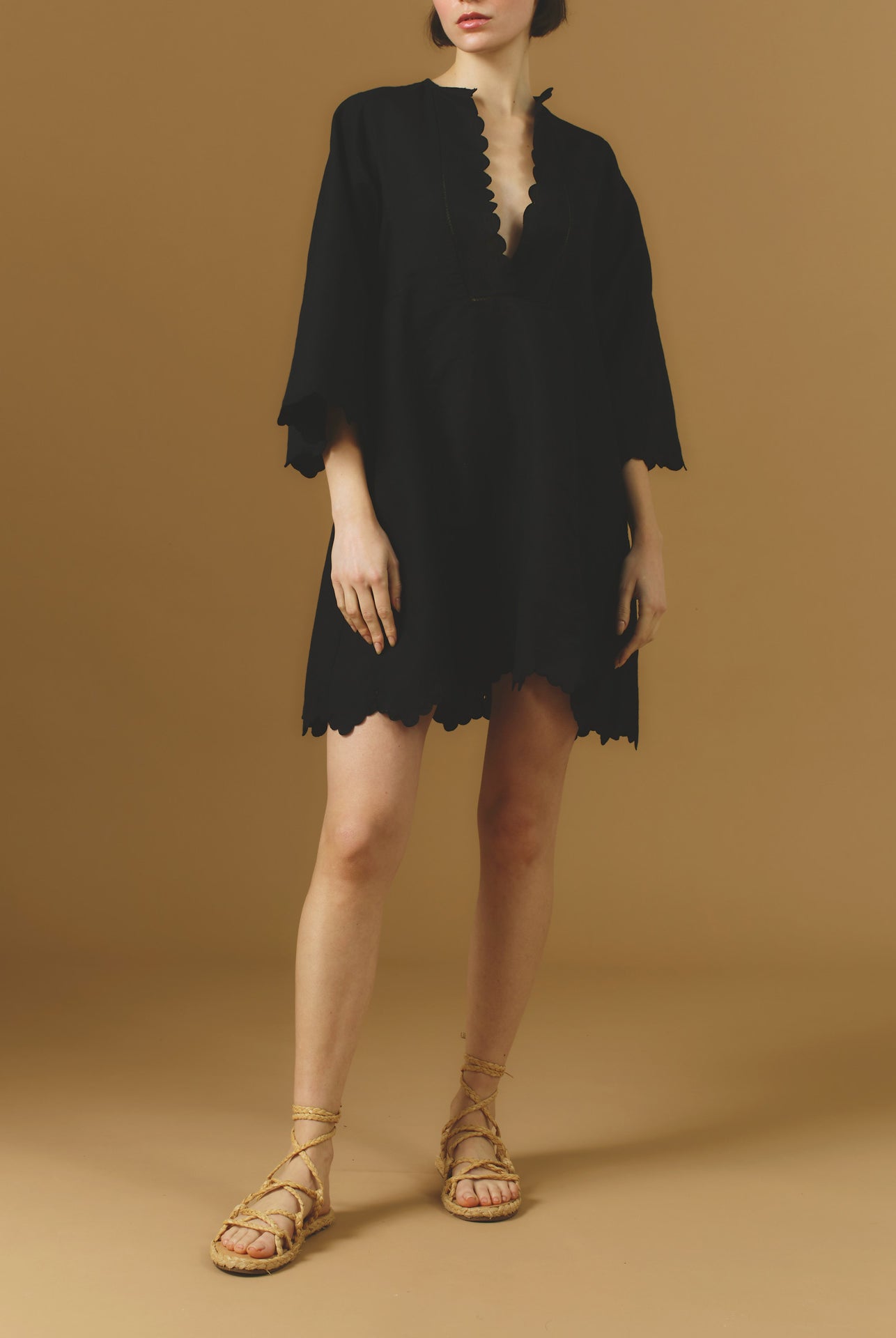 Front view Rachel black mini Kaftan by Thierry Colson - Barocco Scallops theme