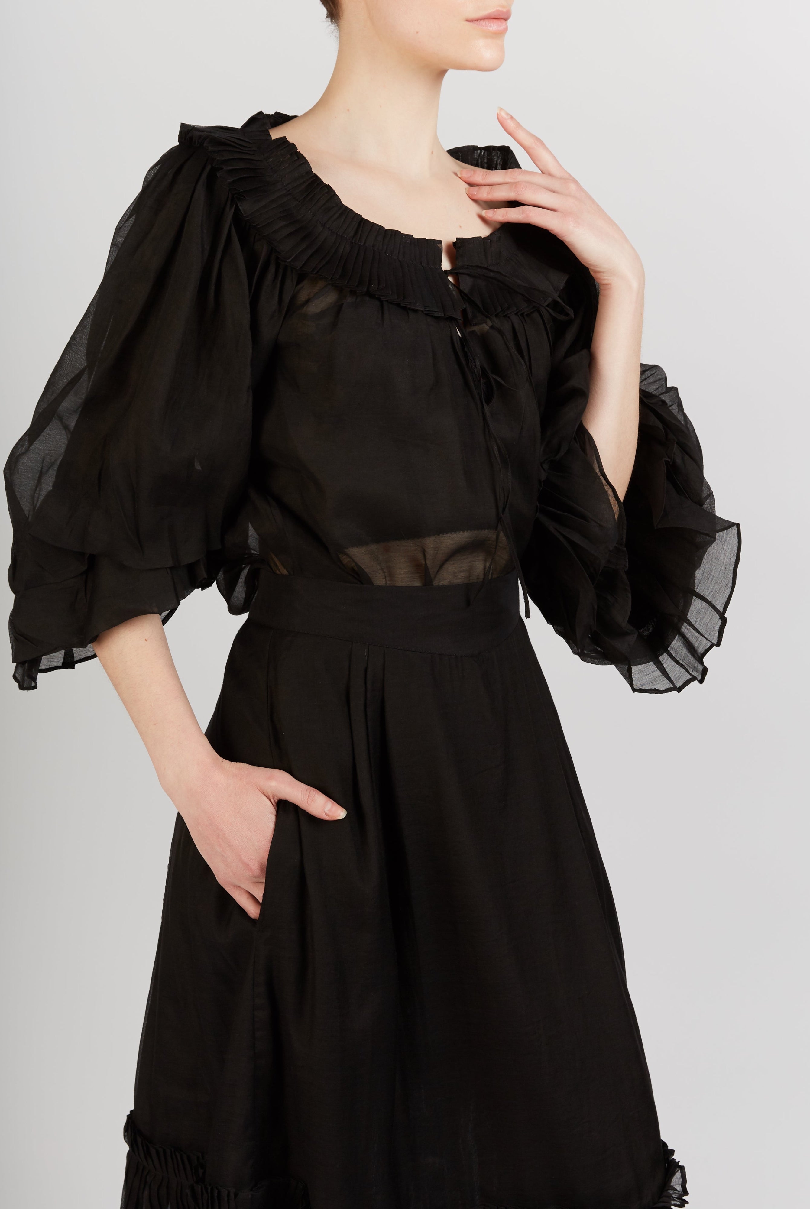 Front view of Roussia Black Blouse by Thierry Colson