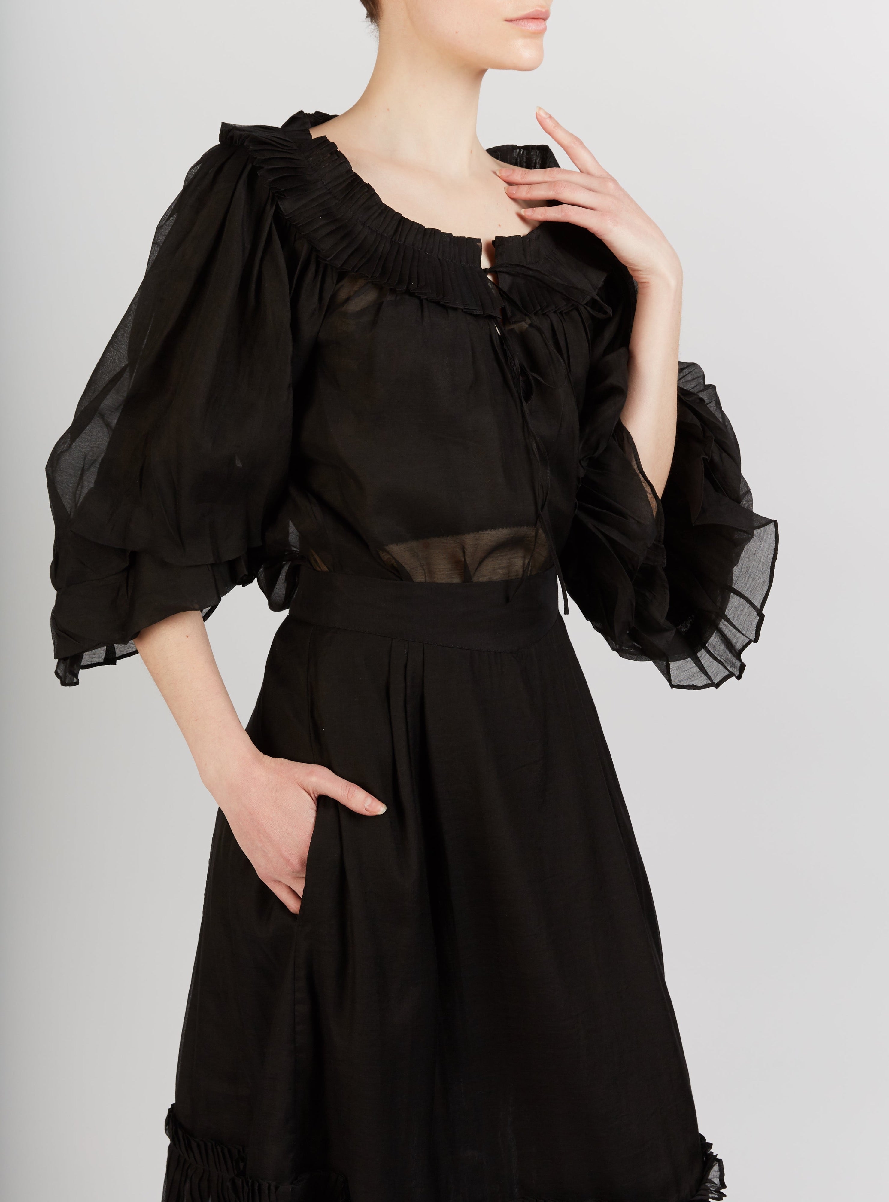 Front view of Roussia Black Blouse by Thierry Colson 