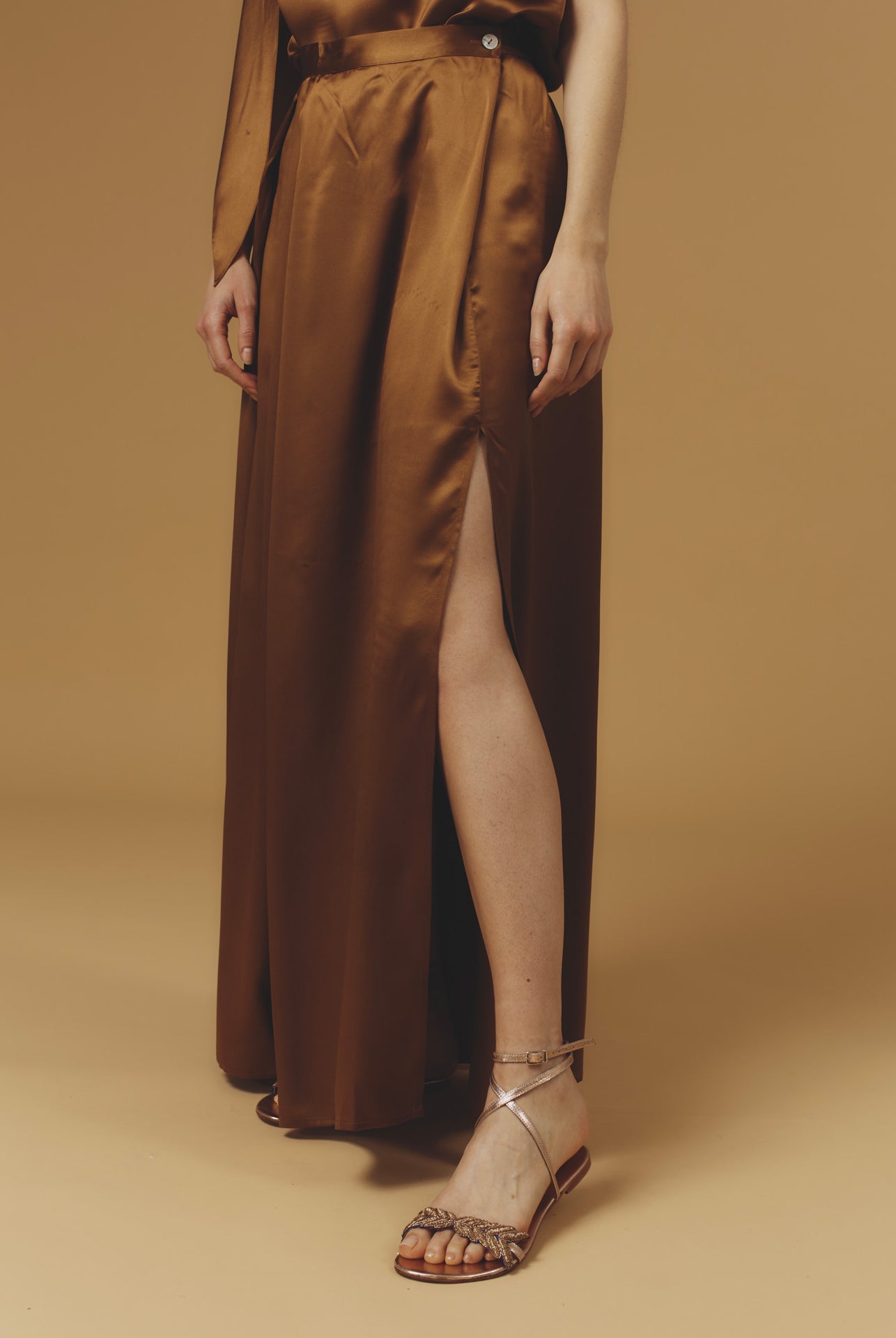 Detail of Silvana Silk Copper Skirt long by Thierry Colson