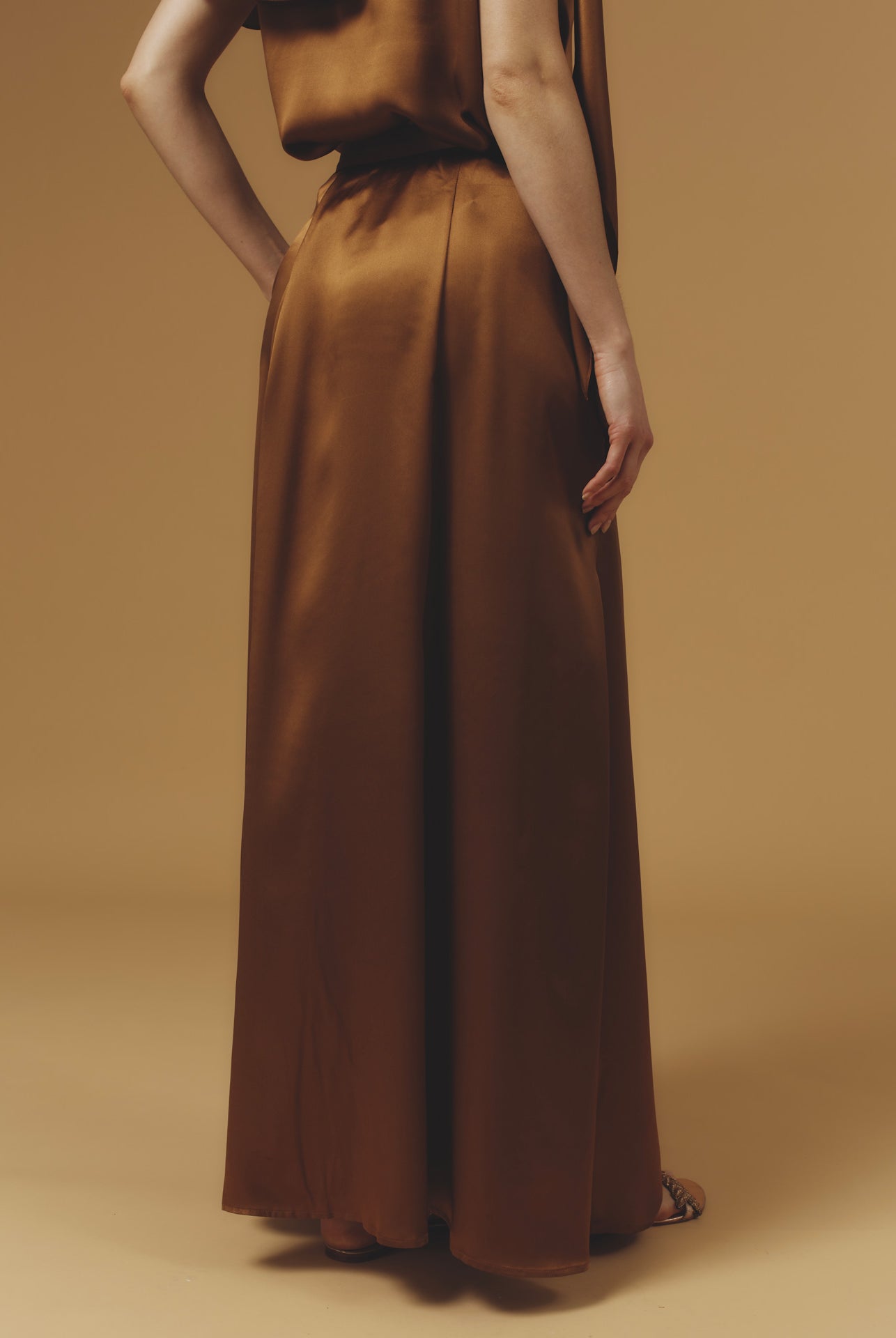 Back view of Silvana Silk Copper Skirt long by Thierry Colson