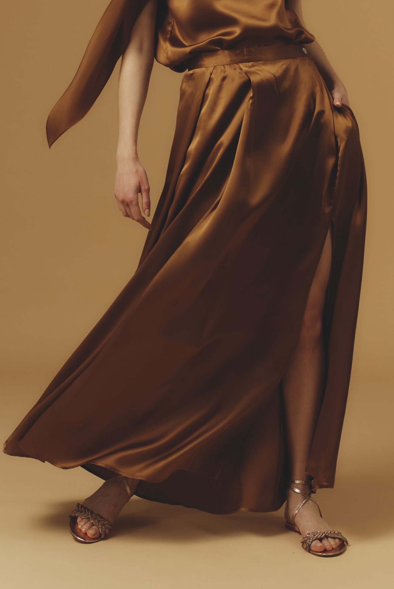 Front view of Silvana Silk Copper Skirt long by Thierry Colson