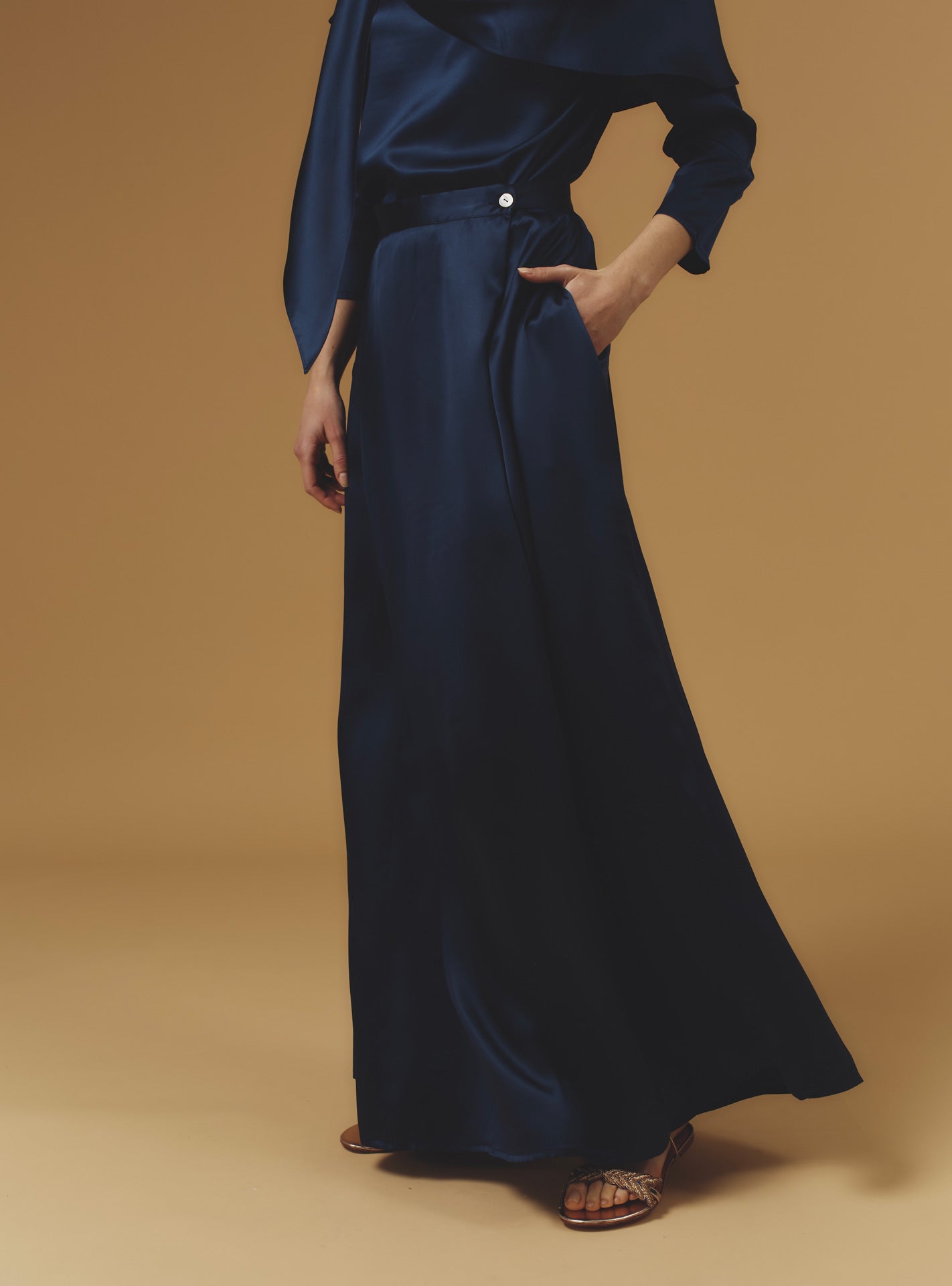 Side view of Silvana Silk Night Blue Skirt long by Thierry Colson