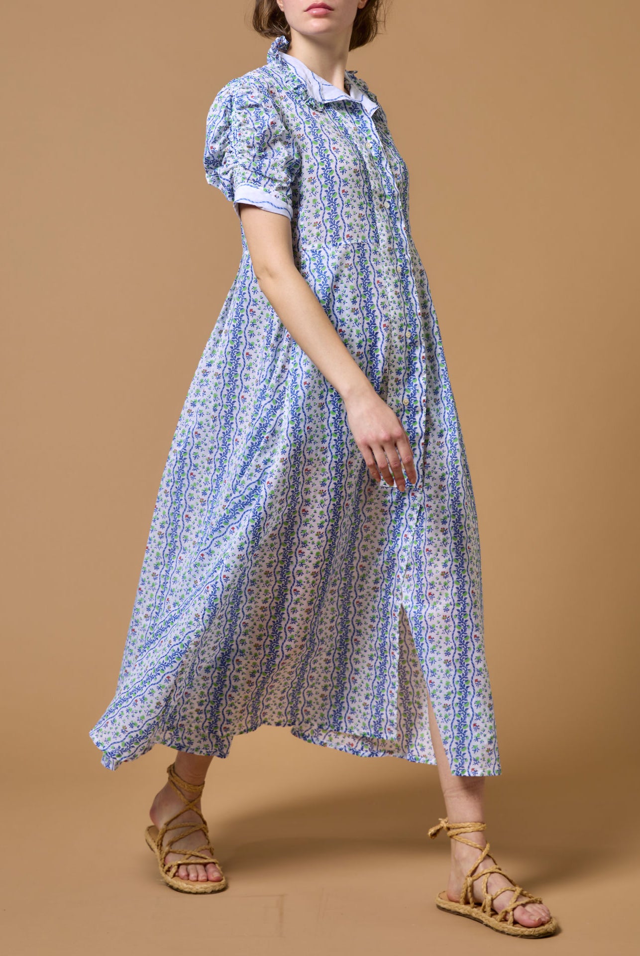 Side view of Venetia Liselund Print Green/Cobalt Dress by Thierry Colson