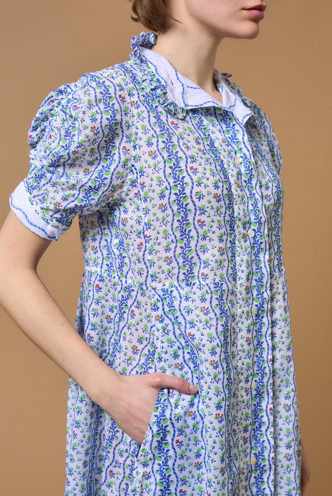 Detail top of Venetia Liselund Print Green/Cobalt Dress by Thierry Colson