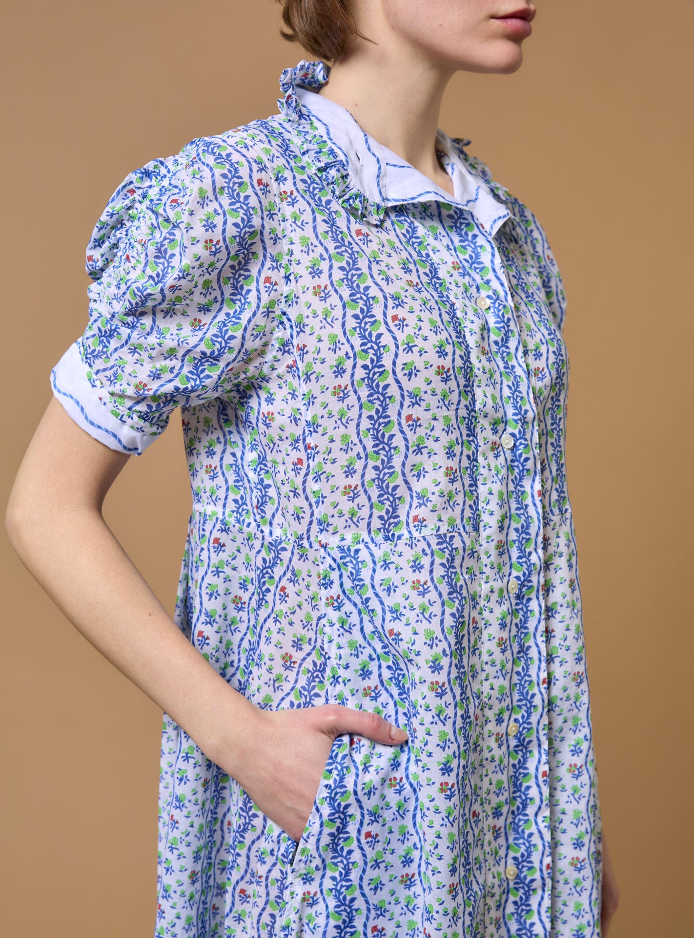 Detail top of Venetia Liselund Print Green/Cobalt Dress by Thierry Colson