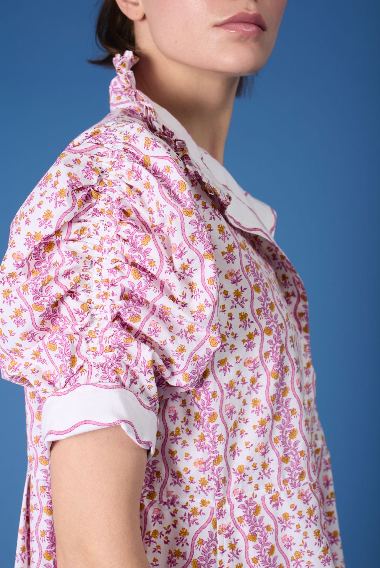 Side close up view Venetia Cyclamen Mustard Dress - Liselund Print - Thierry Colson