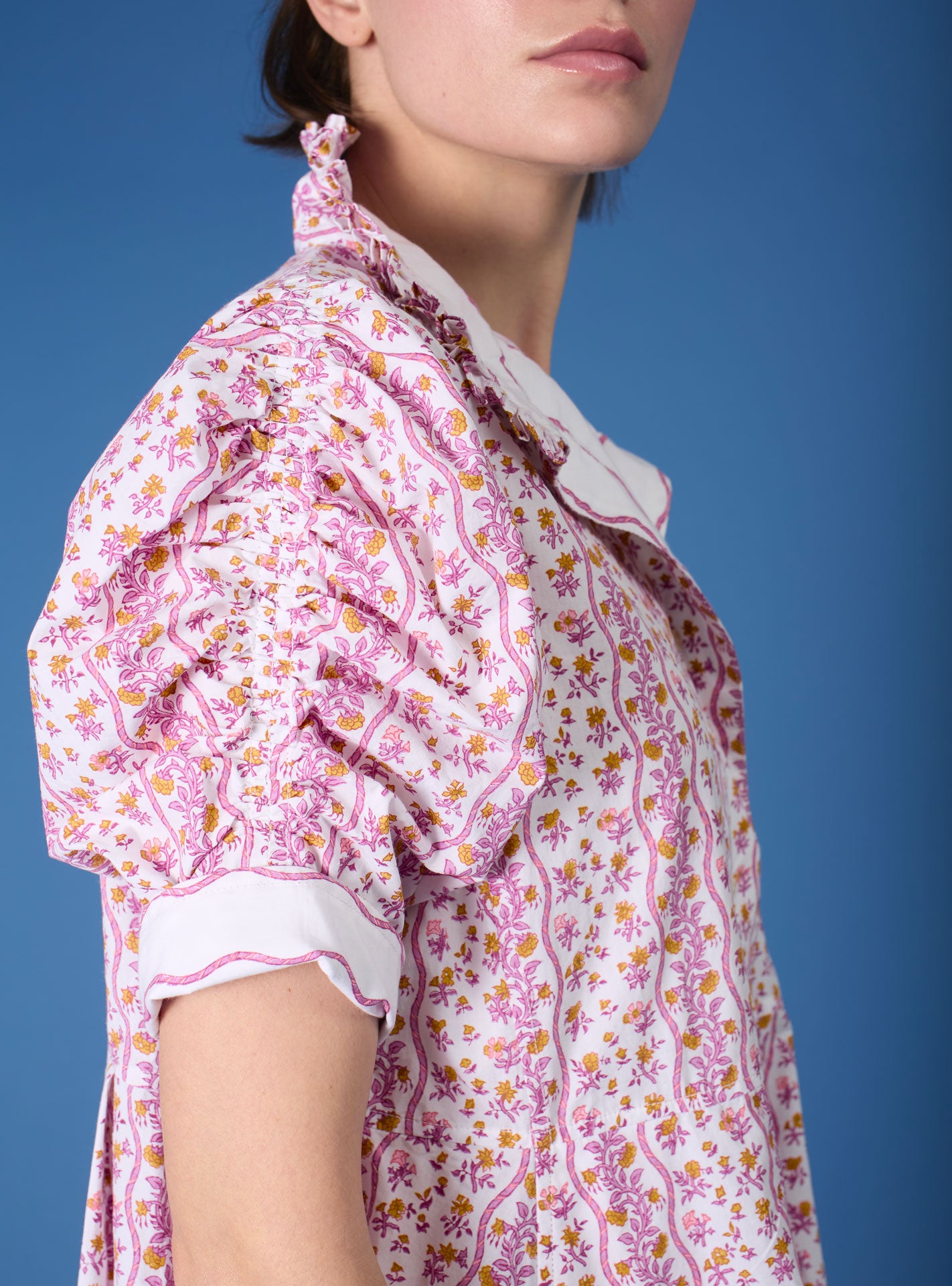 Side close up view Venetia Cyclamen Mustard Dress - Liselund Print - Thierry Colson