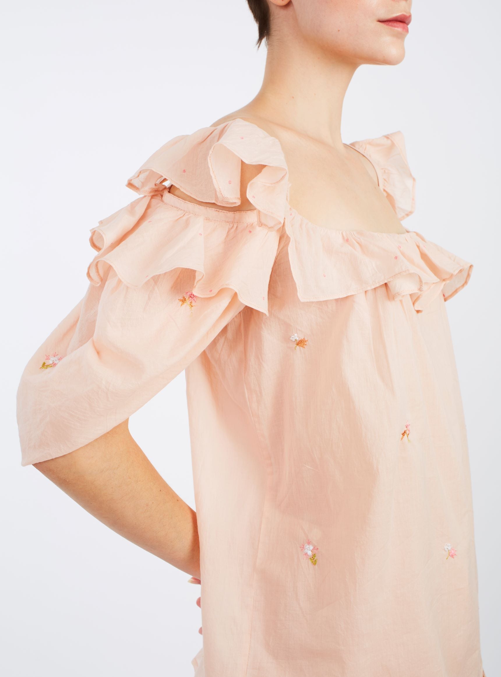 Side view of Venus Boudoir Carmelite Pink Blouse by Thierry Colson