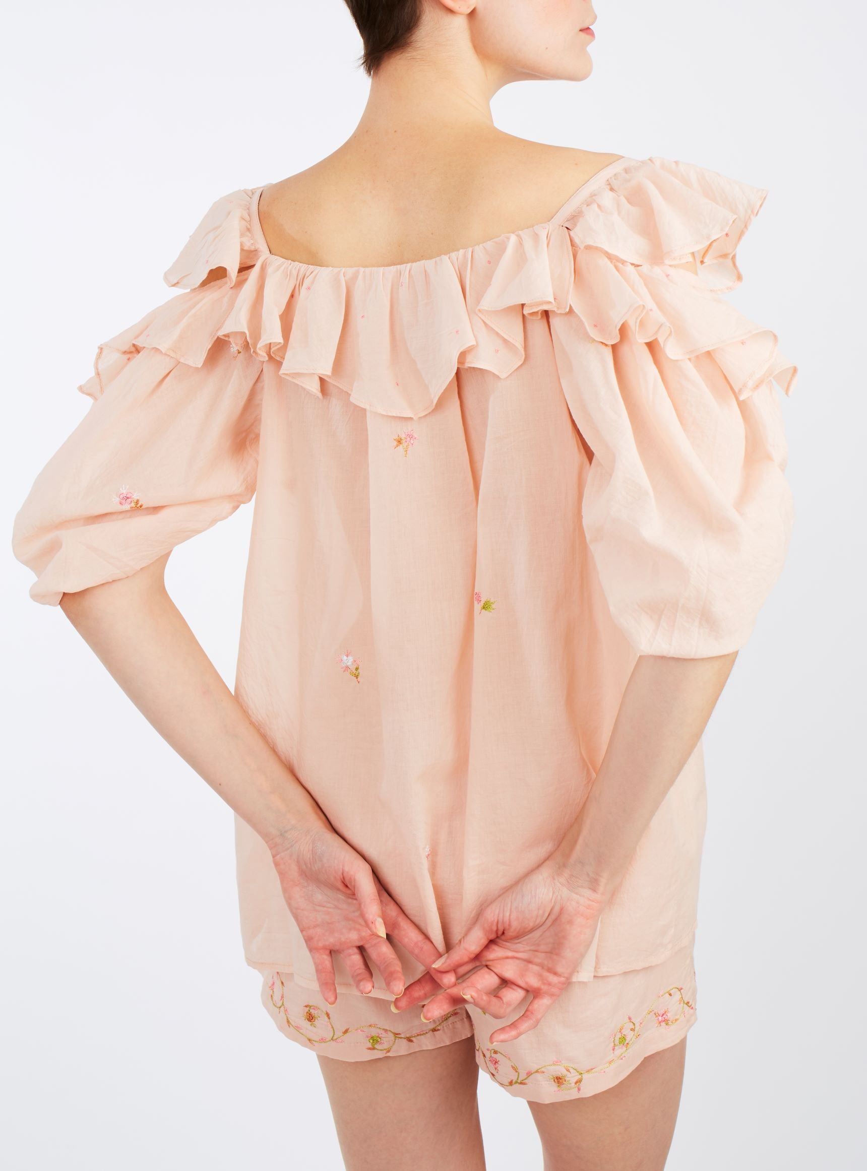 Back view of Venus Boudoir Carmelite Pink Blouse by Thierry Colson