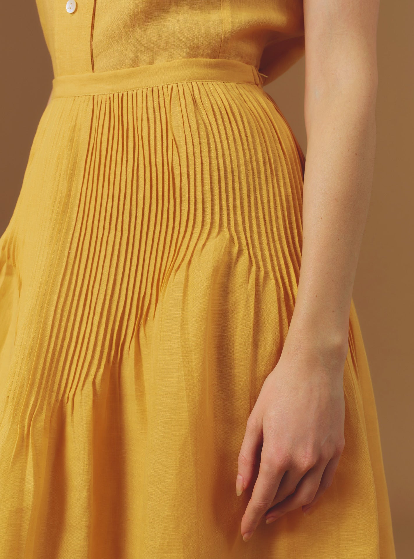 Detail front view of Verde Barocco Scallops Sunflower Skirt by Thierry Colson