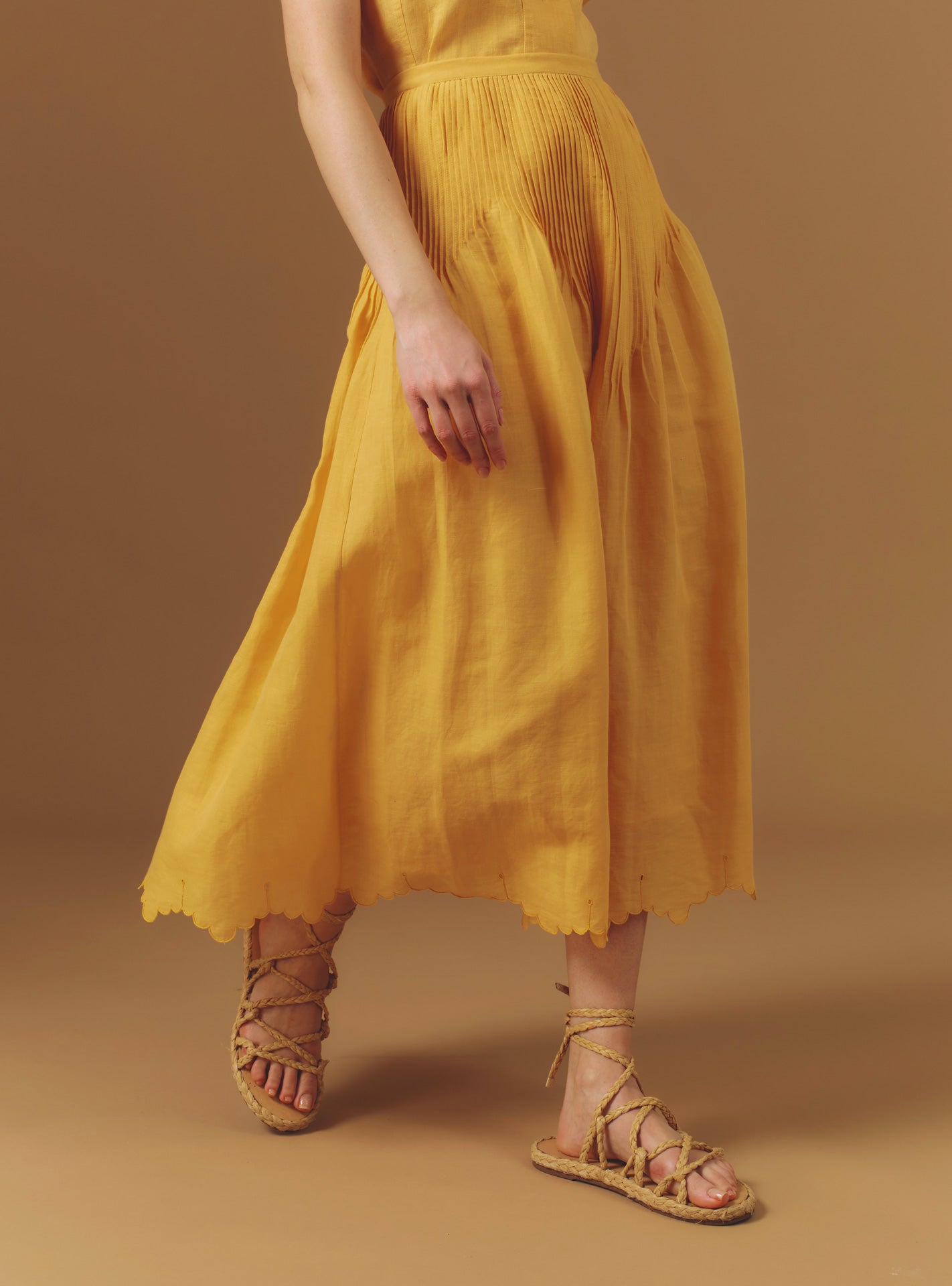 Side view of Verde Barocco Scallops Sunflower Skirt by Thierry Colson