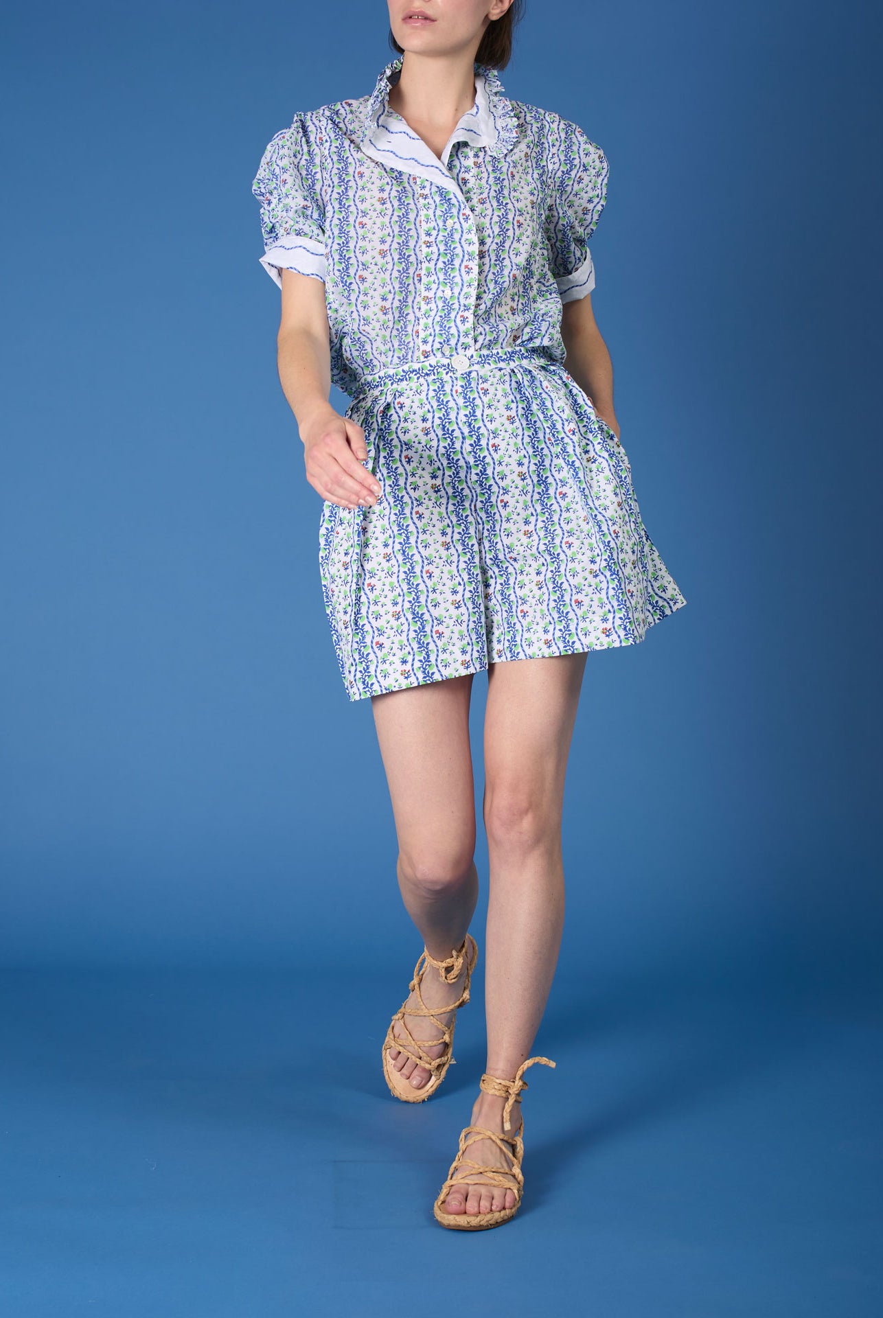 Large view of Vita Liselund Print Green / Cobalt Blouse with Kenya shorts by Thierry Colson