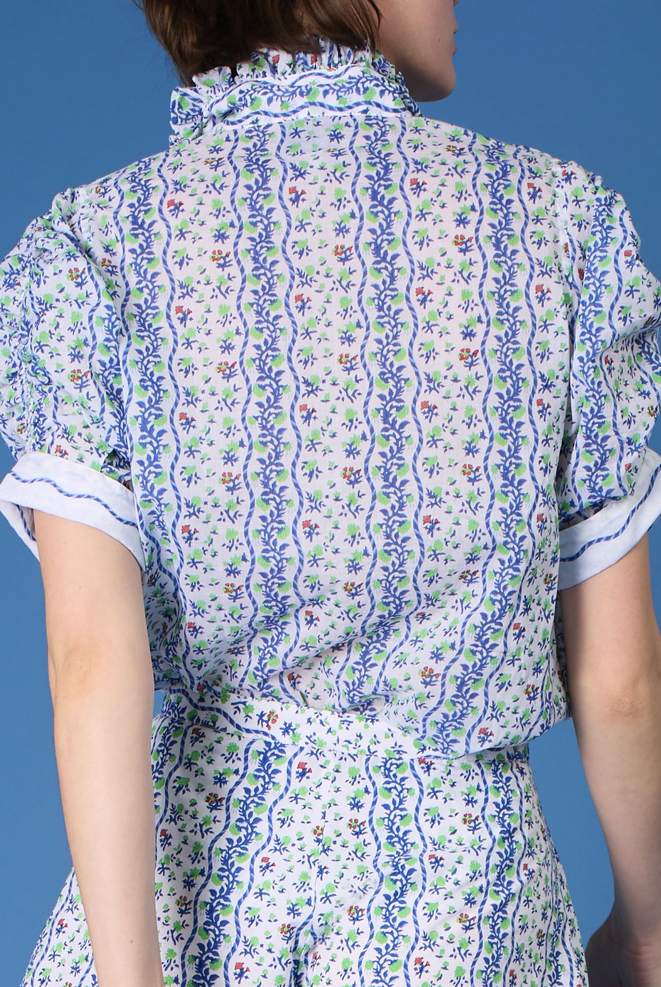 Back view of Vita Liselund Print Green / Cobalt Blouse by Thierry Colson