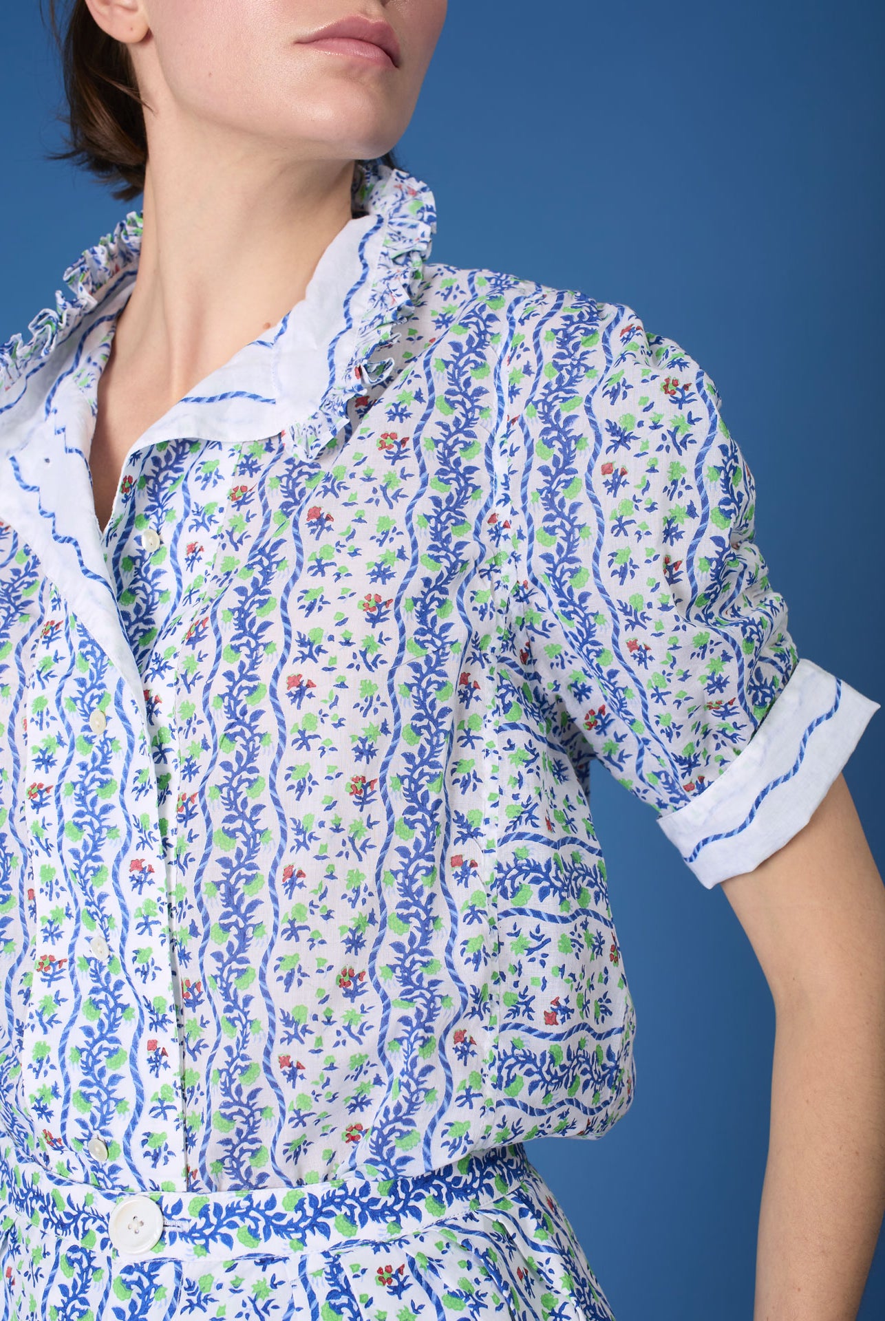 Detail view of Vita Liselund Print Green / Cobalt Blouse by Thierry Colson