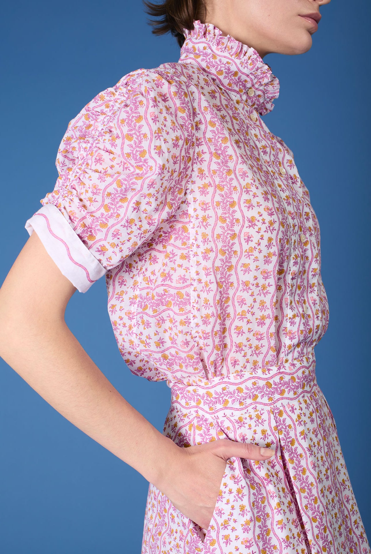 Side view of Vita Liselund Print Cyclamen / Mustard Blouse by Thierry Colson