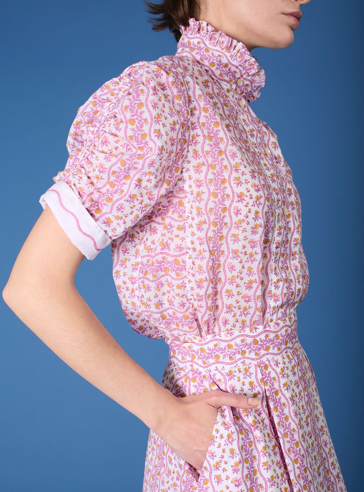 Side view of Vita Liselund Print Cyclamen / Mustard Blouse by Thierry Colson