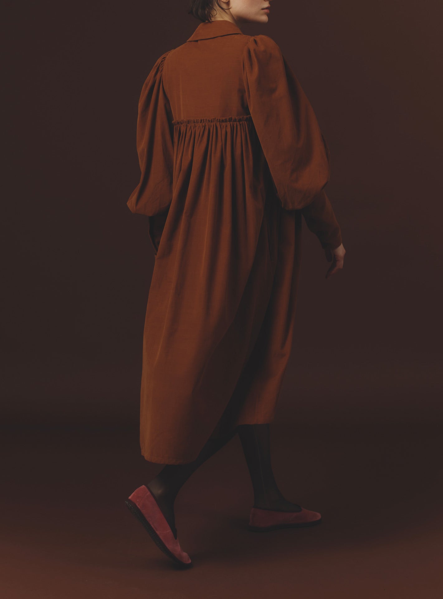 Back side view of Wendy Squirrel Brown Dress - Plain Corduroy by Thierry Colson
