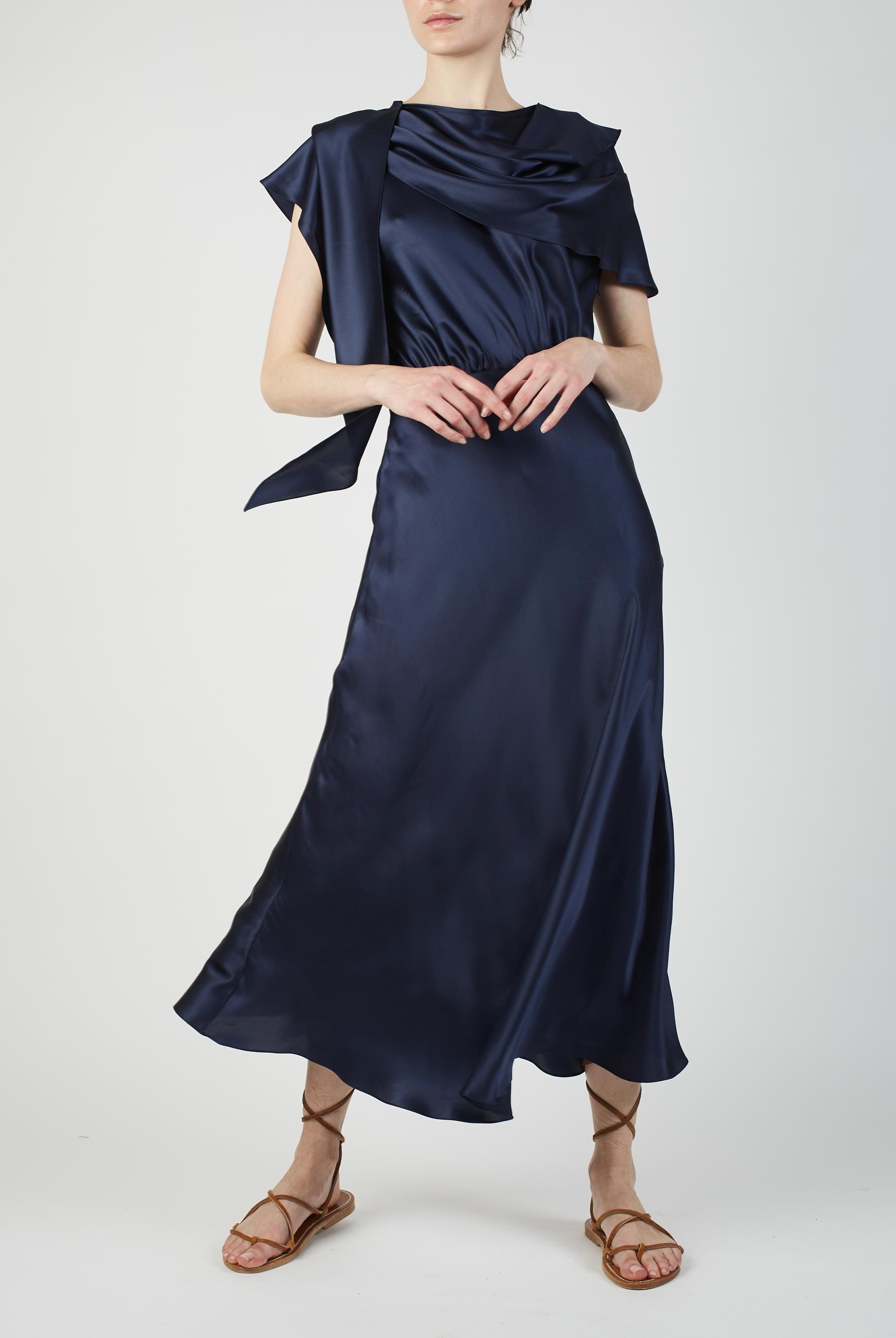 Front view of Whitney Night Blue Silk dress by Thierry Colson