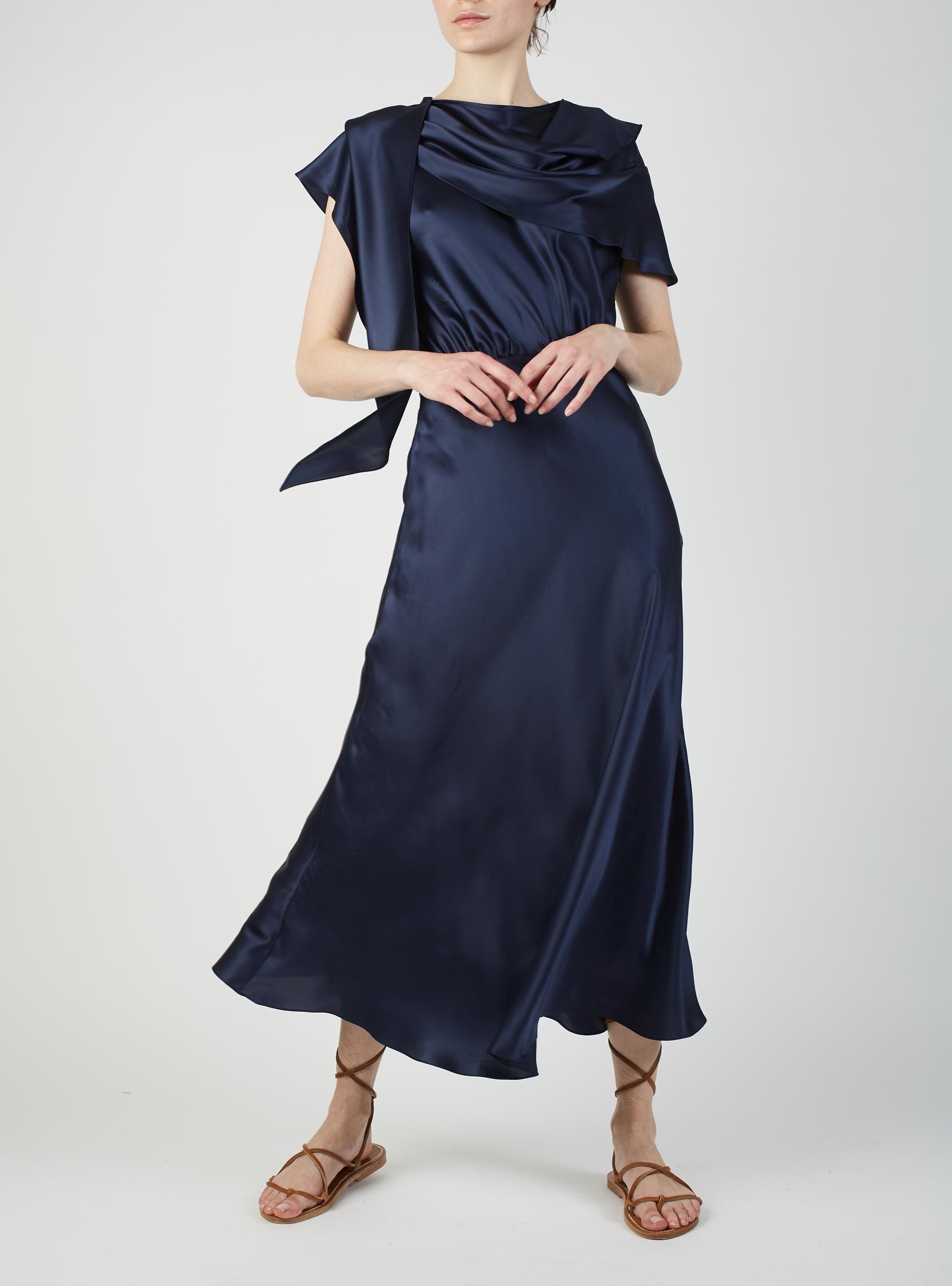 Front view of Whitney Night Blue Silk dress by Thierry Colson