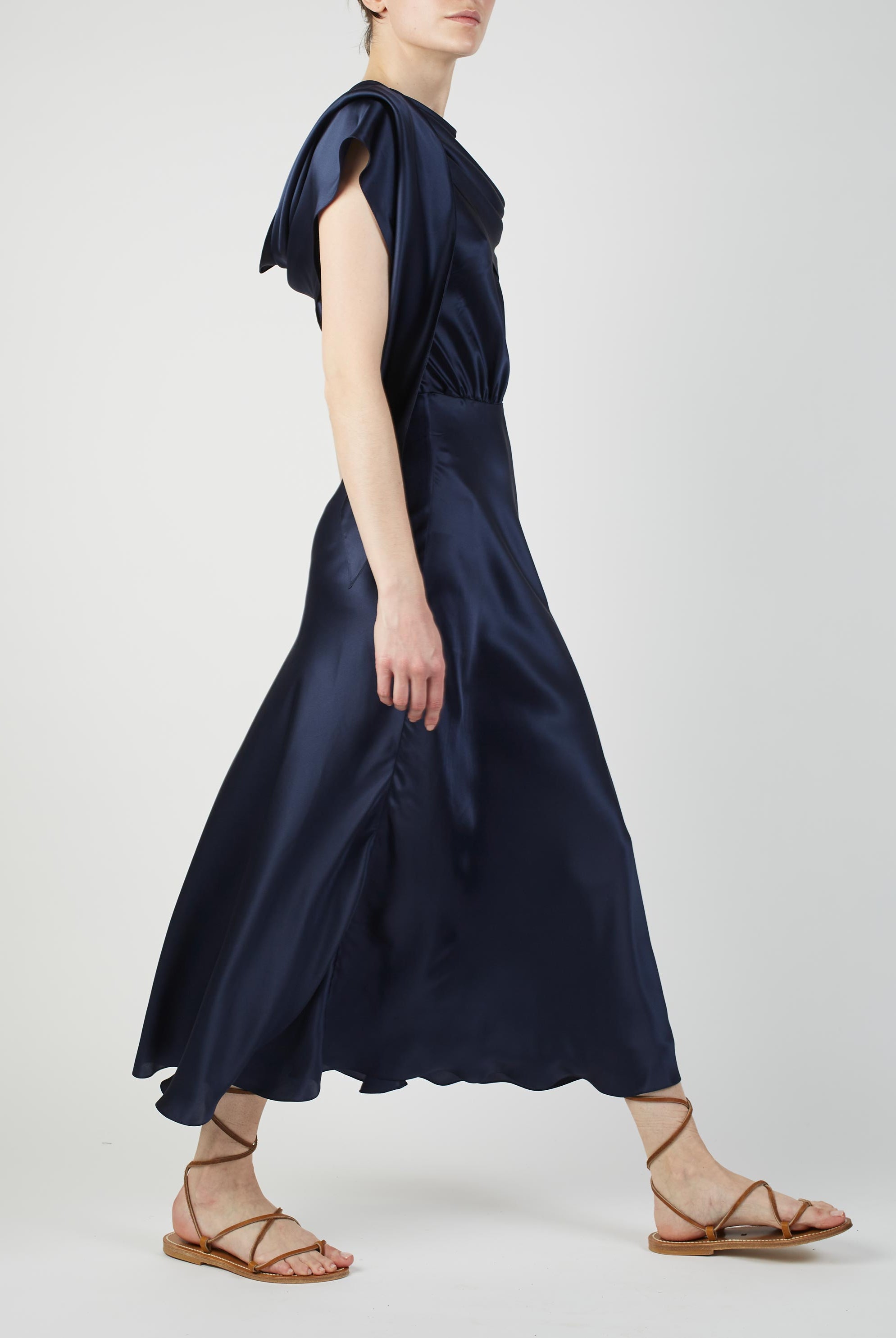 Side view of Whitney Night Blue Silk dress by Thierry Colson