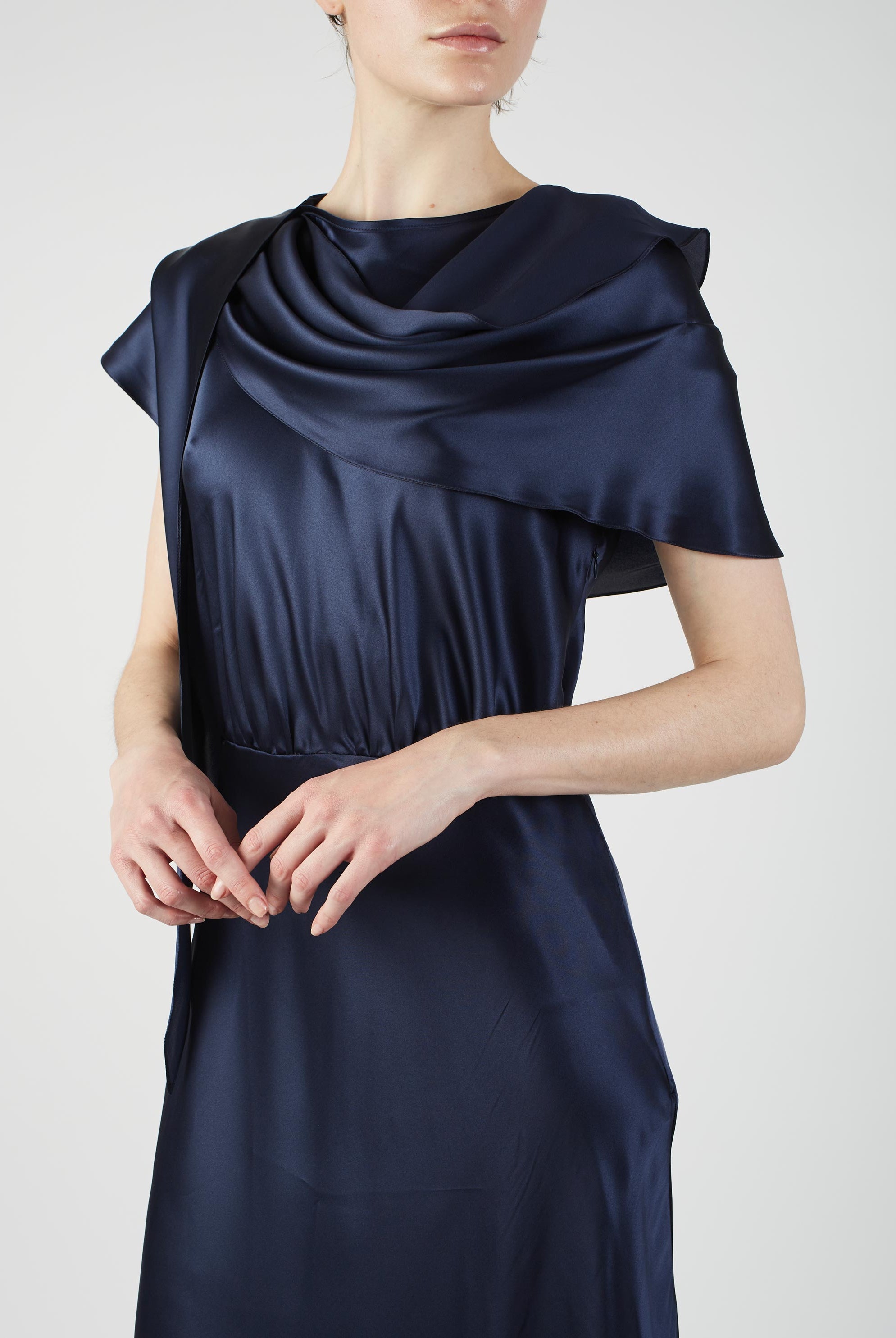 Close up view of Whitney Night Blue Silk dress by Thierry Colson