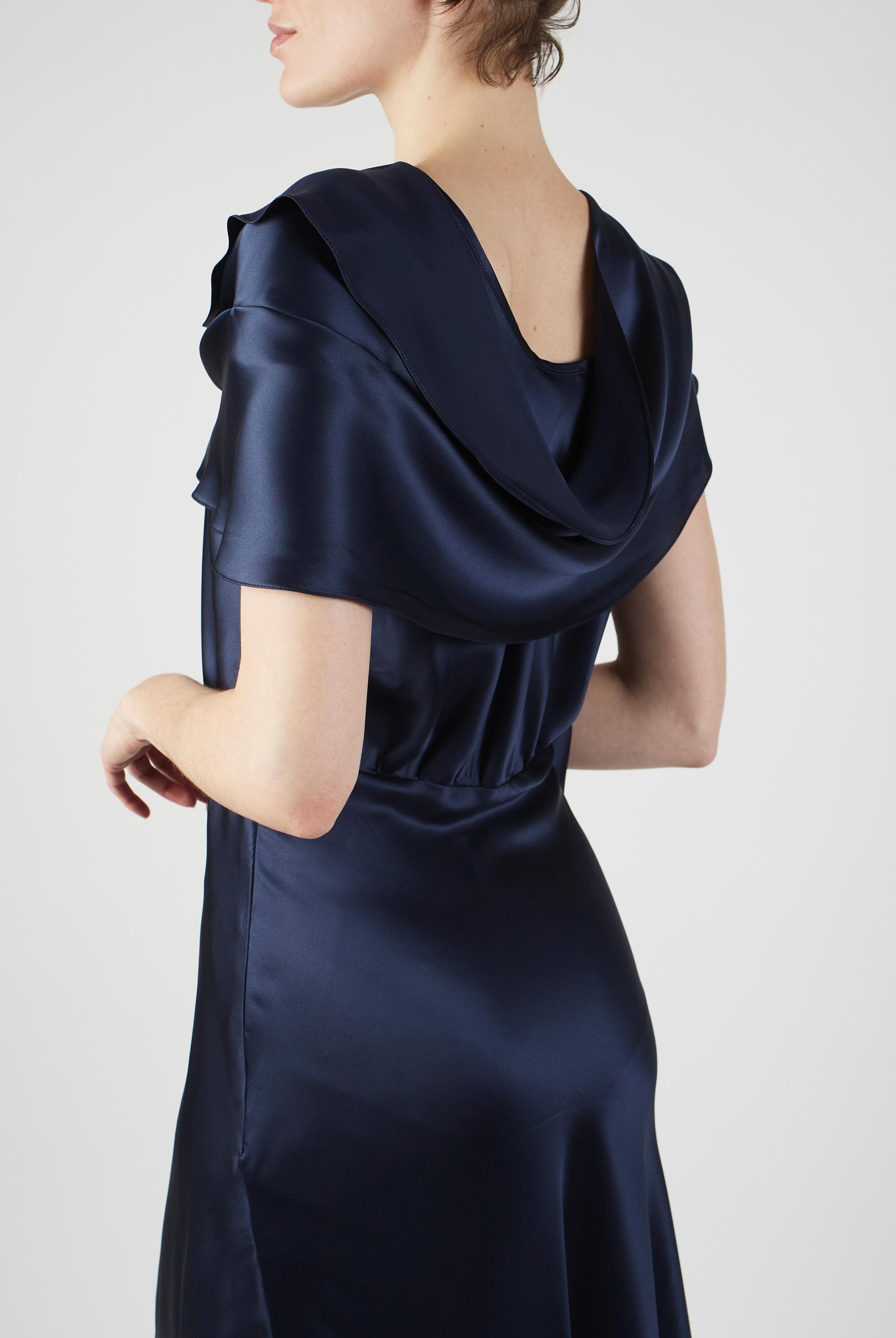 Detail back view of Whitney Night Blue Silk dress by Thierry Colson