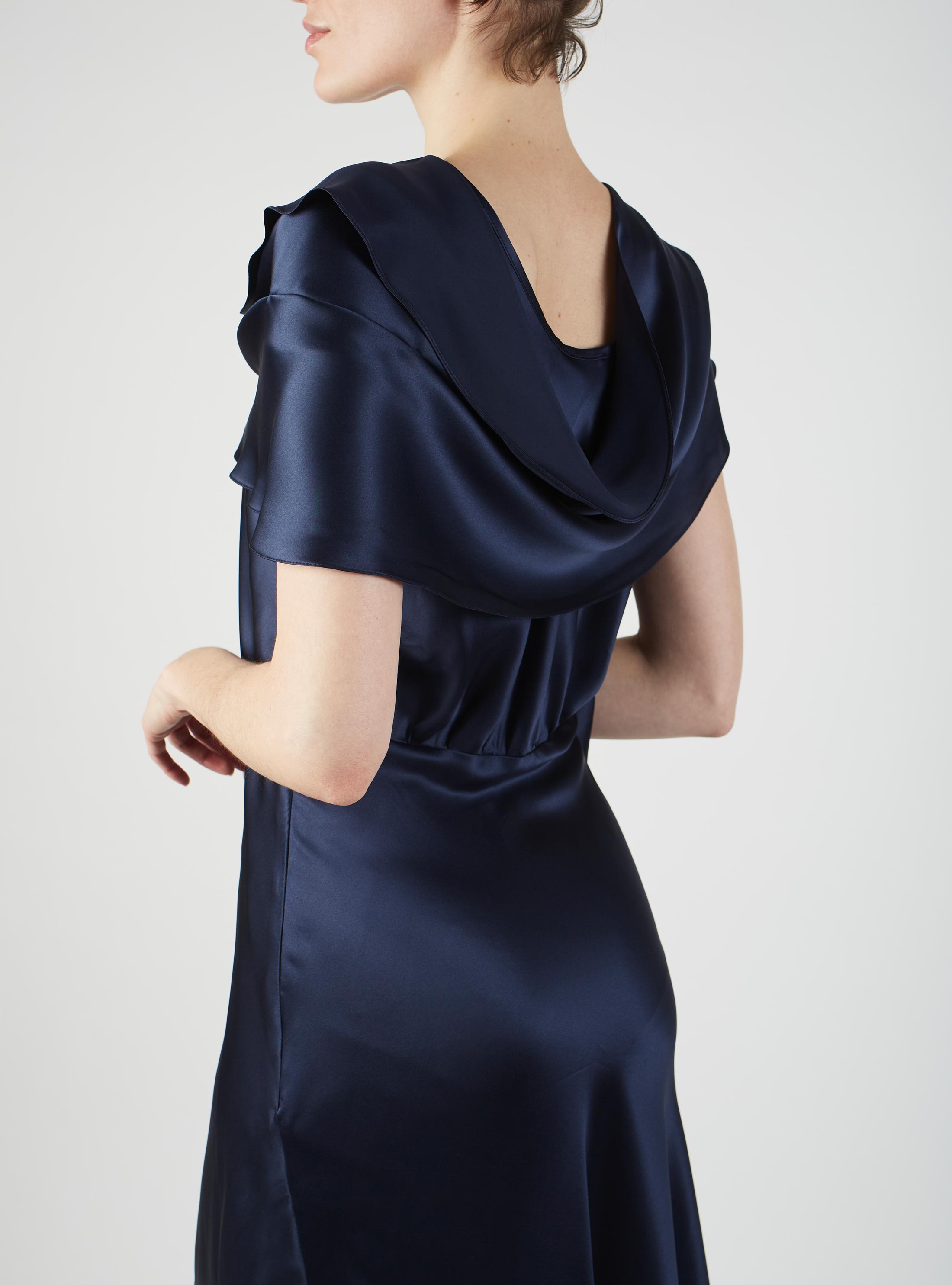 Detail back view of Whitney Night Blue Silk dress by Thierry Colson