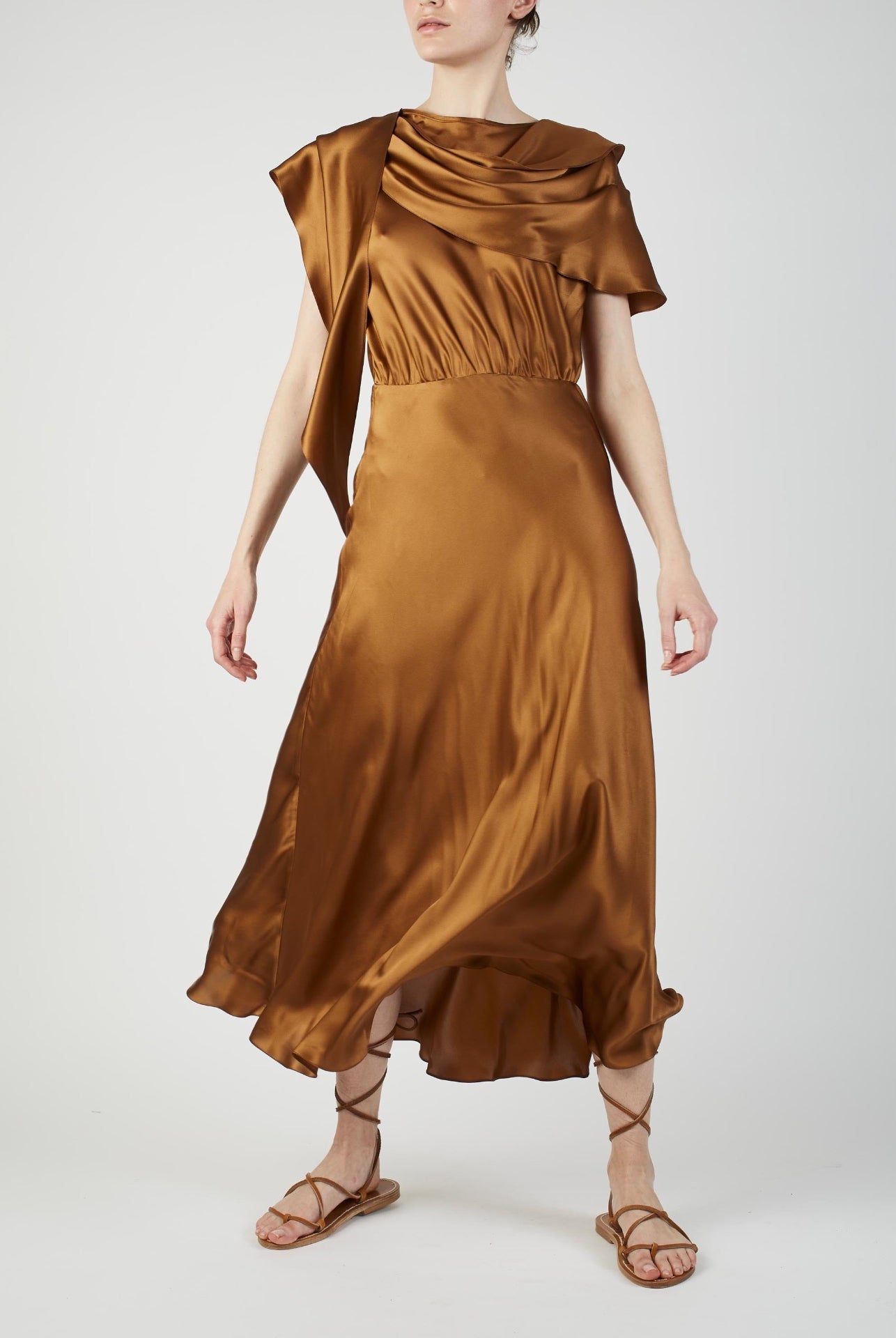 Front view of Whitney Copper silk Dress by Thierry Colson