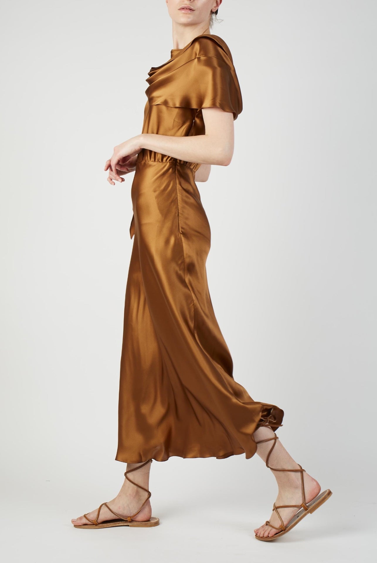 Side view of Whitney Copper silk Dress by Thierry Colson
