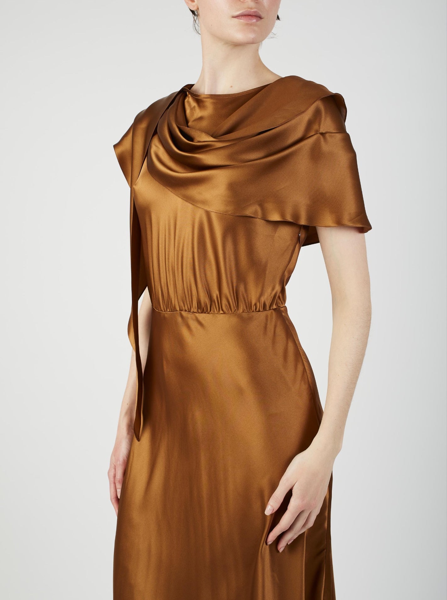 Close up view of Whitney Copper silk Dress by Thierry Colson
