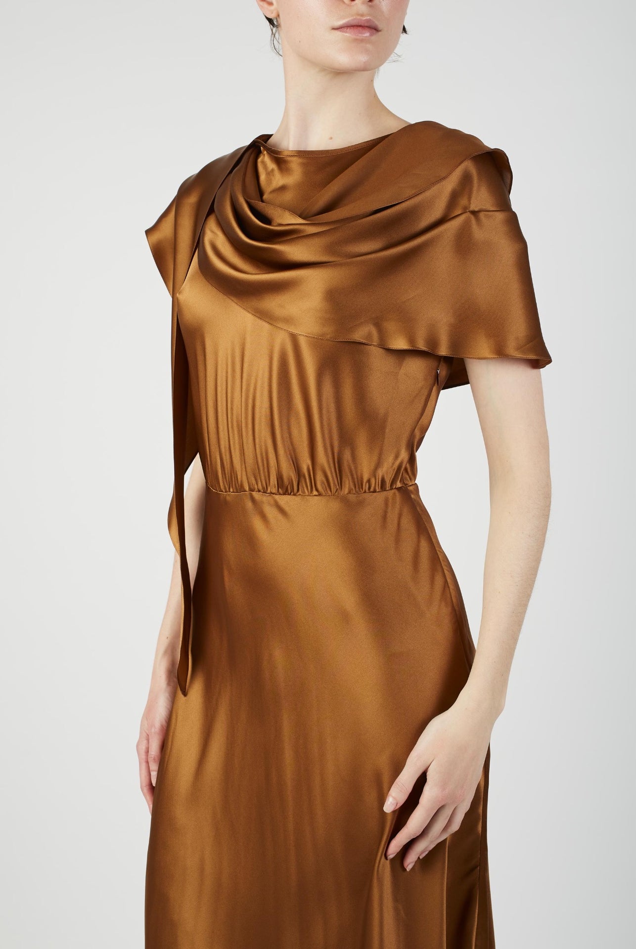 Close up view of Whitney Copper silk Dress by Thierry Colson