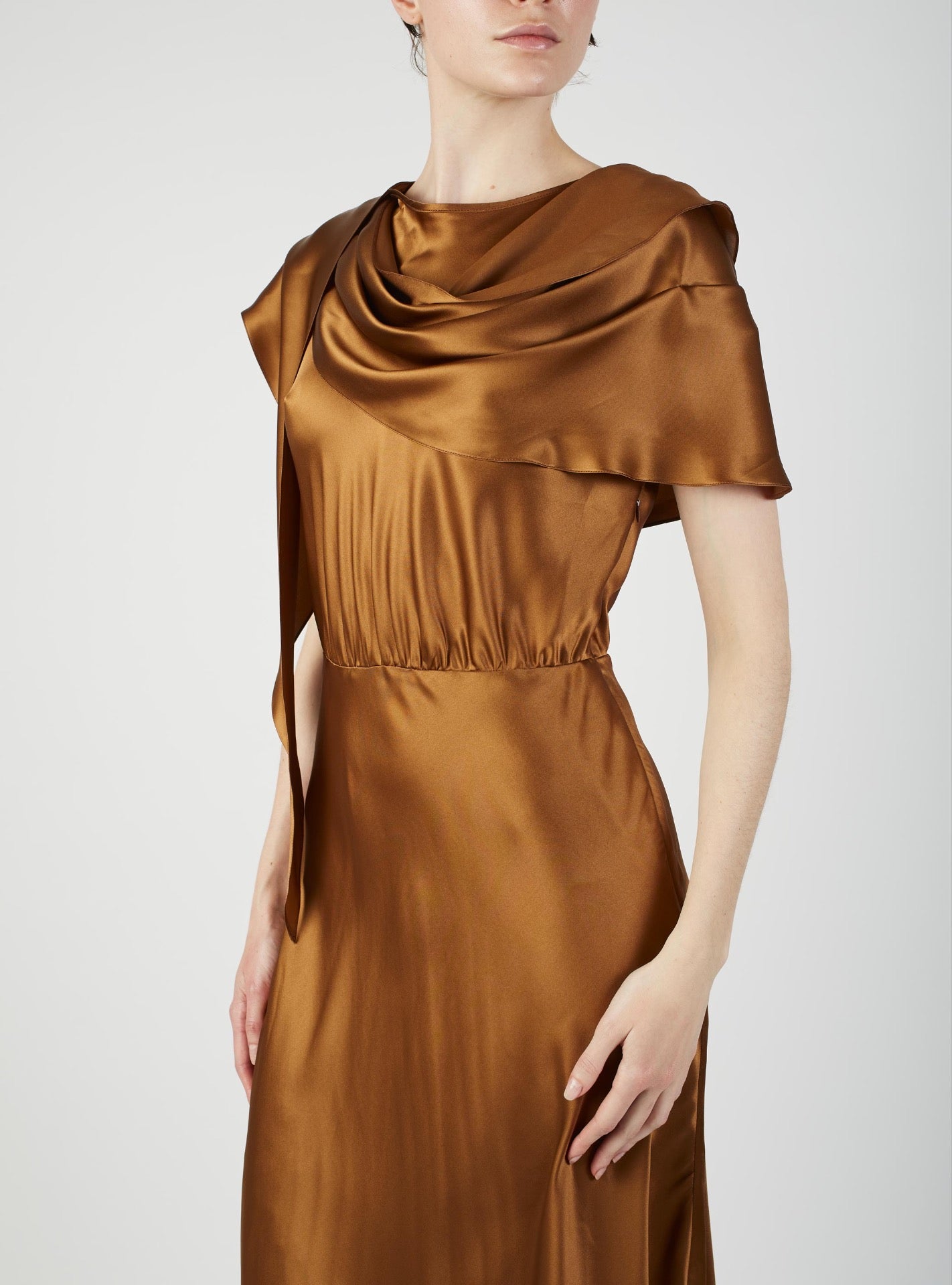Close up view of Whitney Copper silk Dress by Thierry Colson