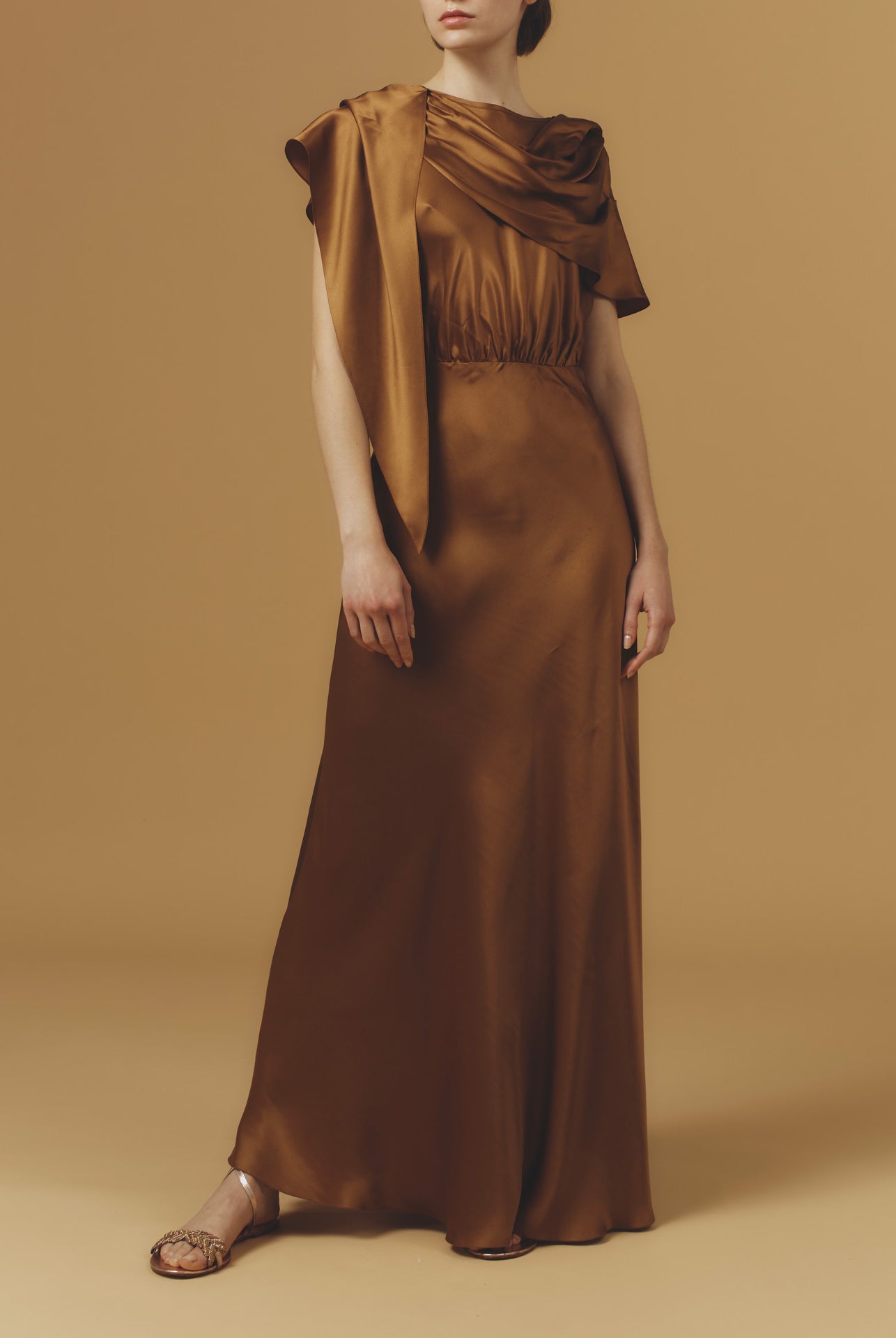 Front view of Whitney Copper Silk Dress long by Thierry Colson