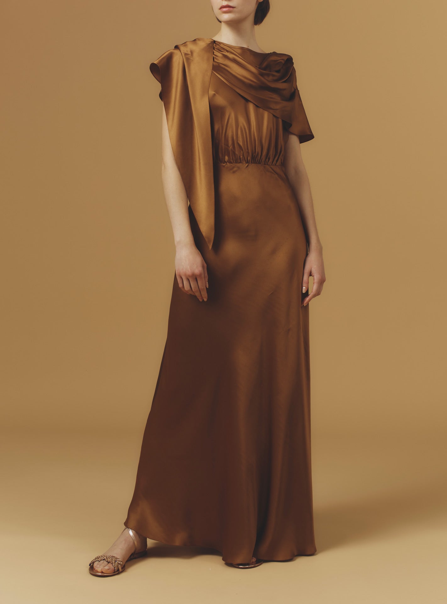 Front view of Whitney Copper Silk Dress long by Thierry Colson