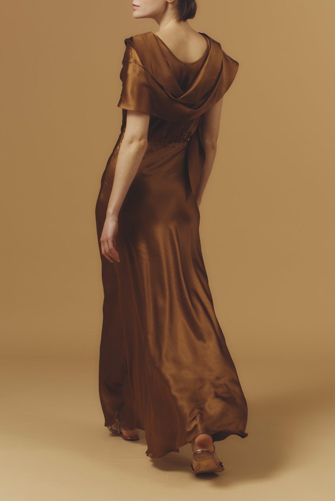 Back view of Whitney Copper Silk Dress long by Thierry Colson