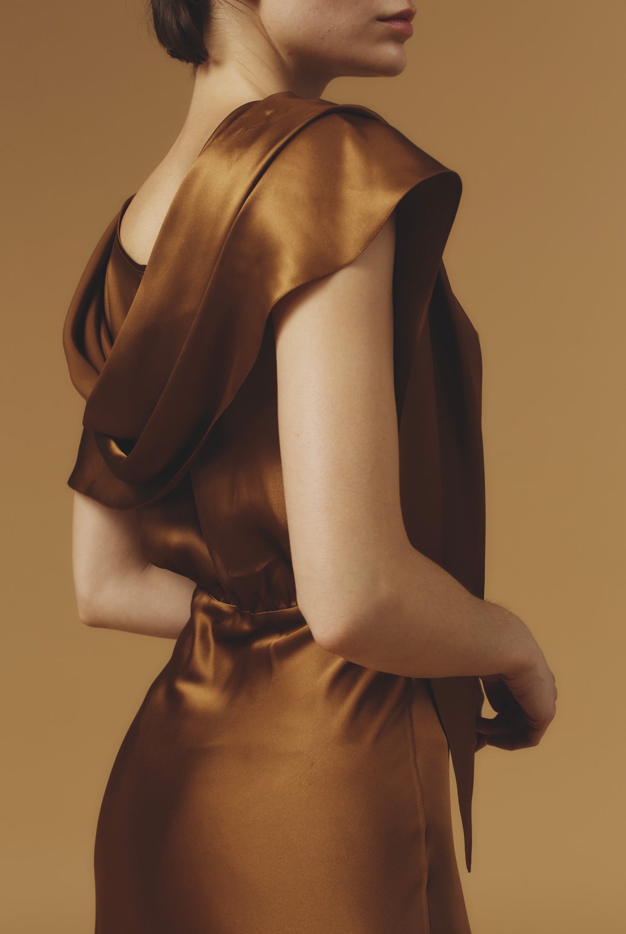 Close up view of Whitney Copper Silk Dress long by Thierry Colson