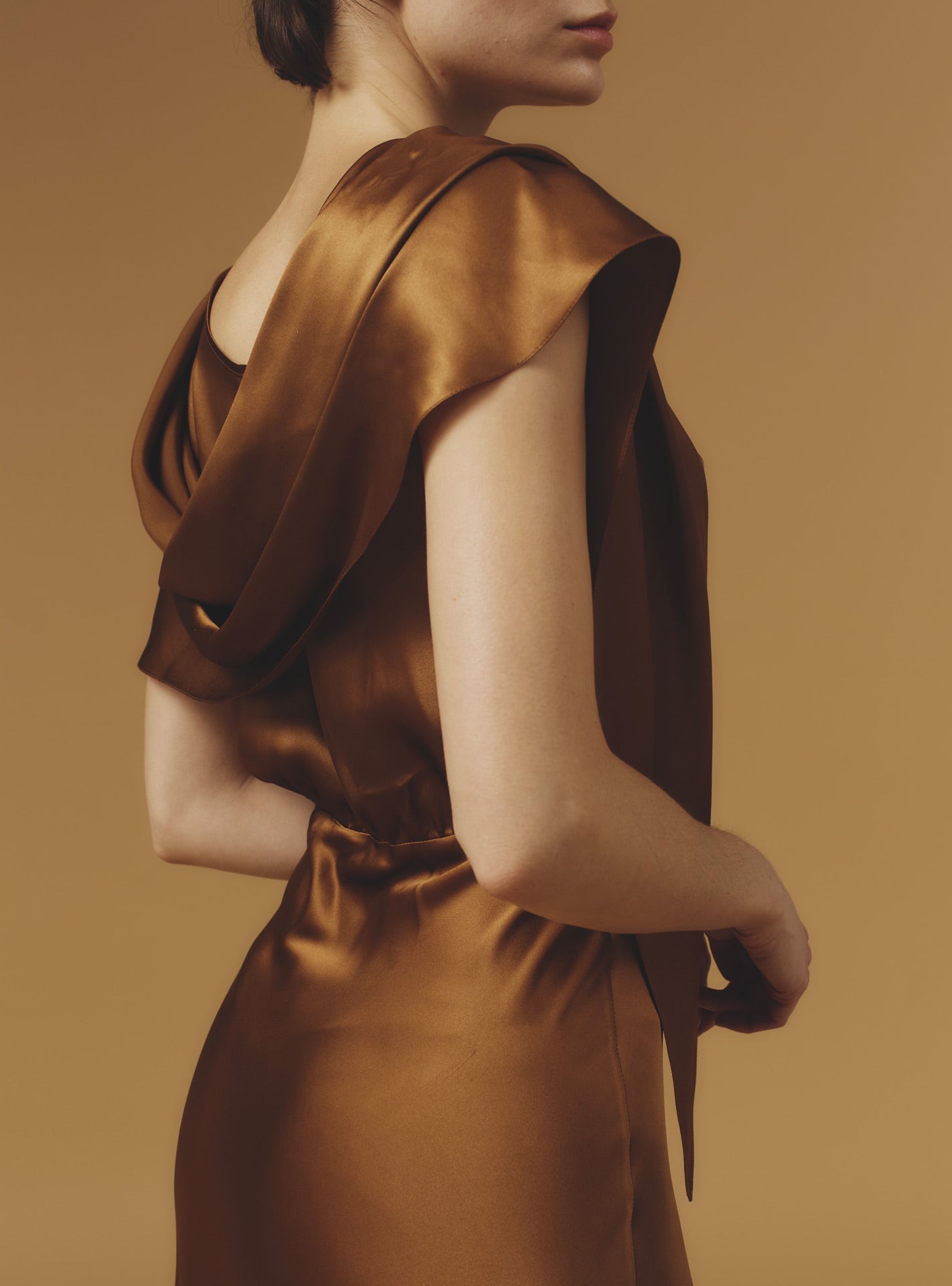Close up view of Whitney Copper Silk Dress long by Thierry Colson