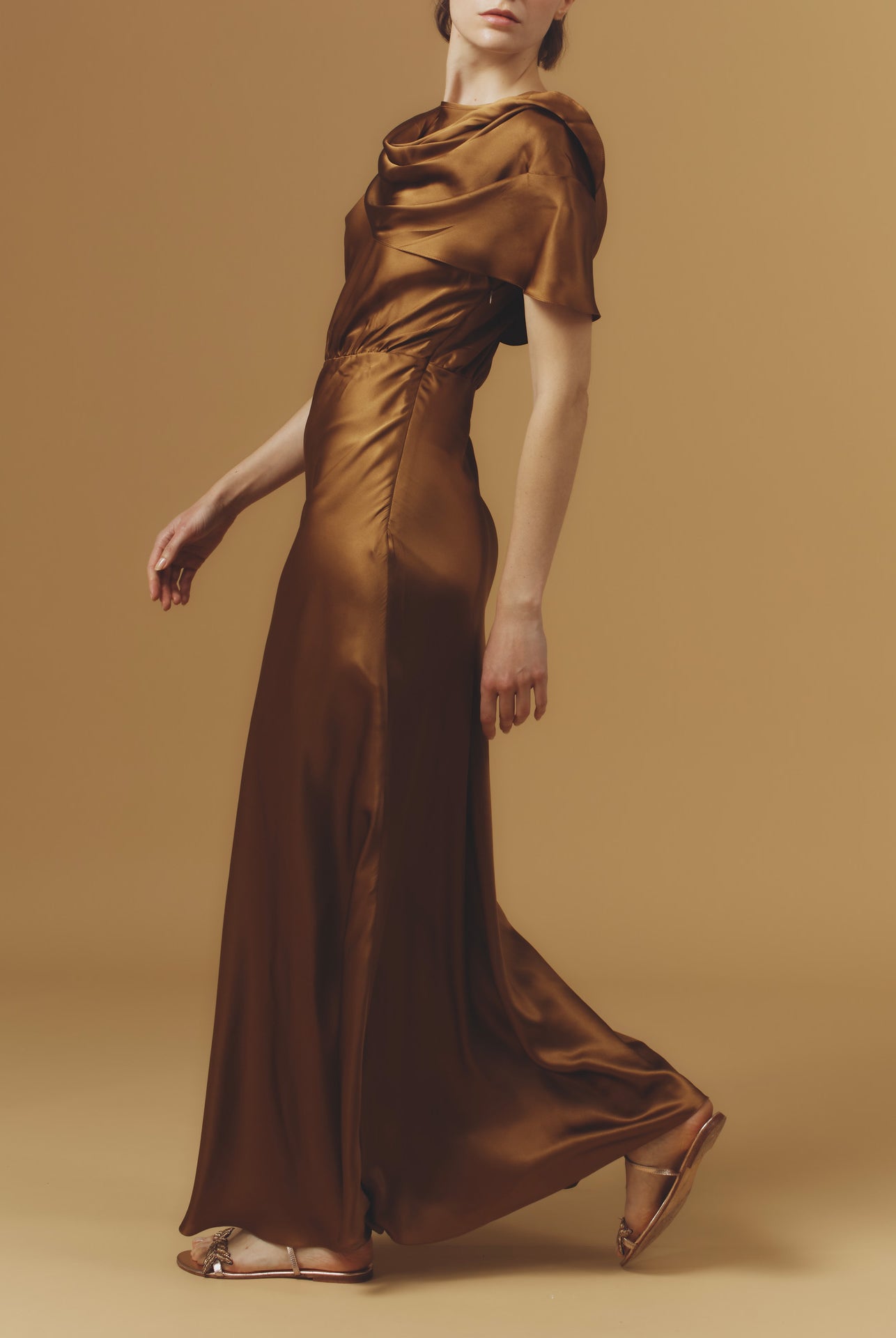 Side view of Whitney Copper Silk Dress long by Thierry Colson