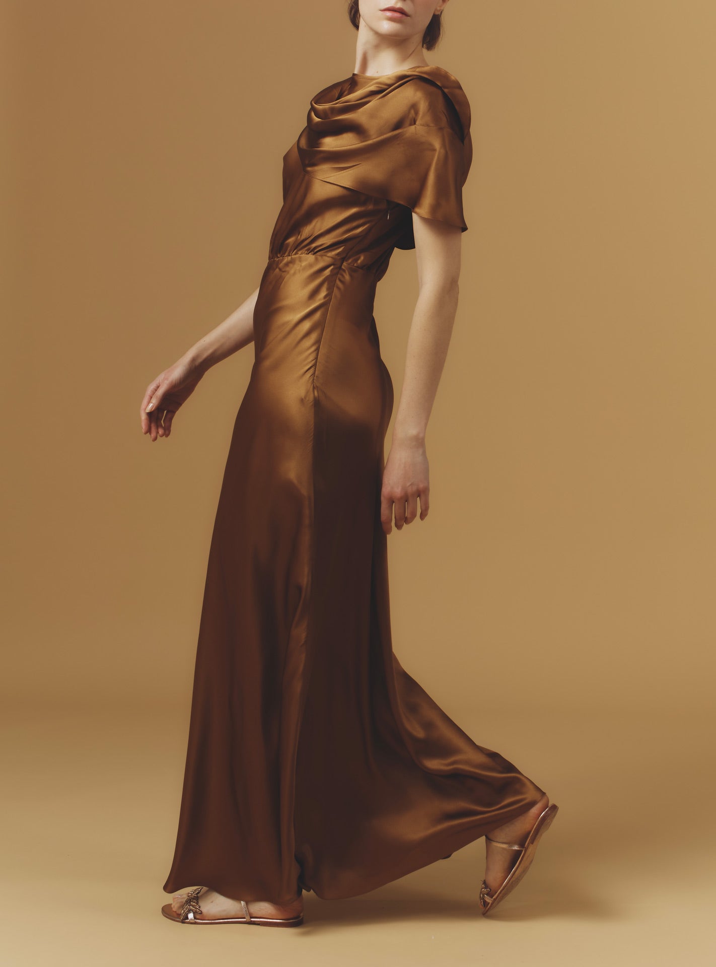 Side view of Whitney Copper Silk Dress long by Thierry Colson