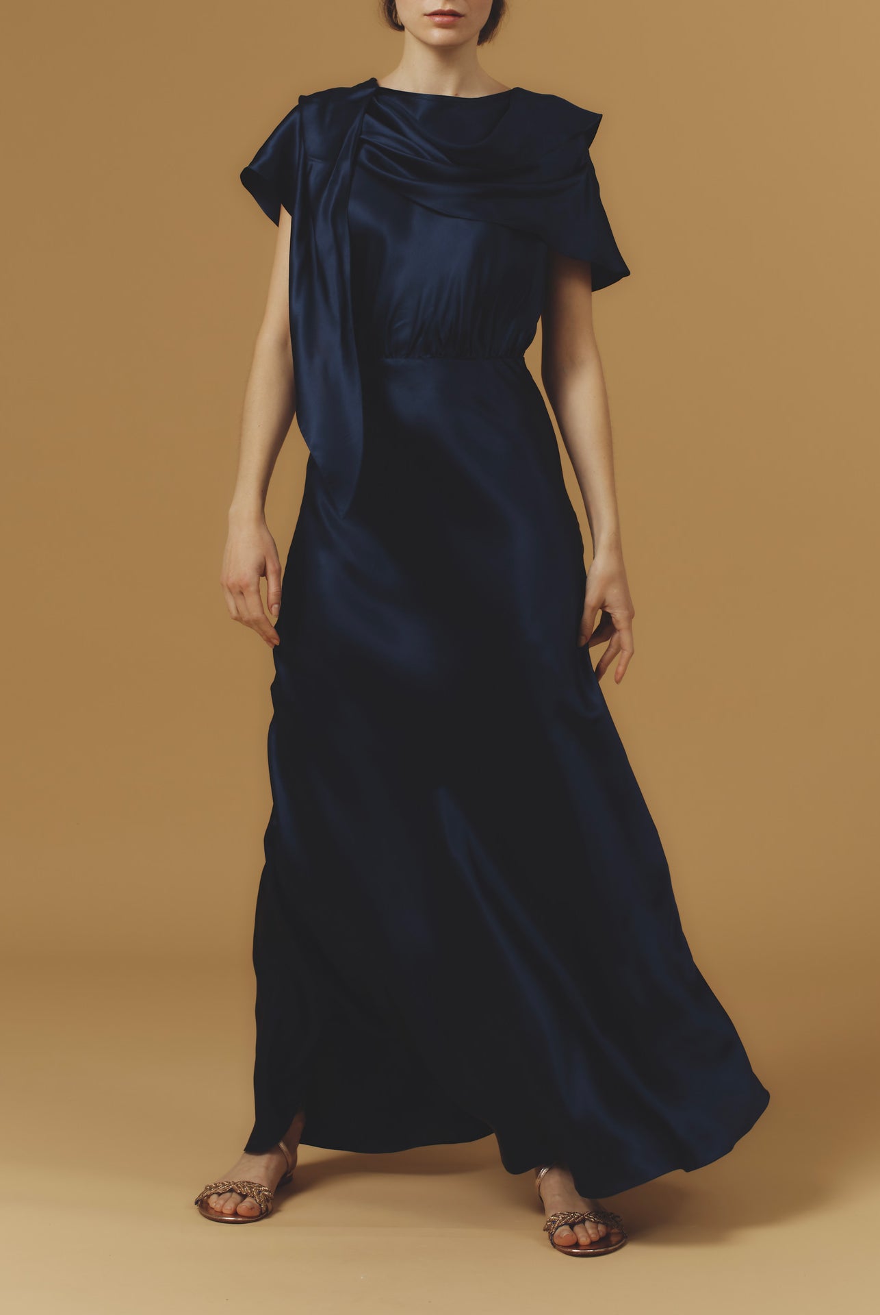 Front view of Whitney Night Blue Silk Dress long by Thierry Colson