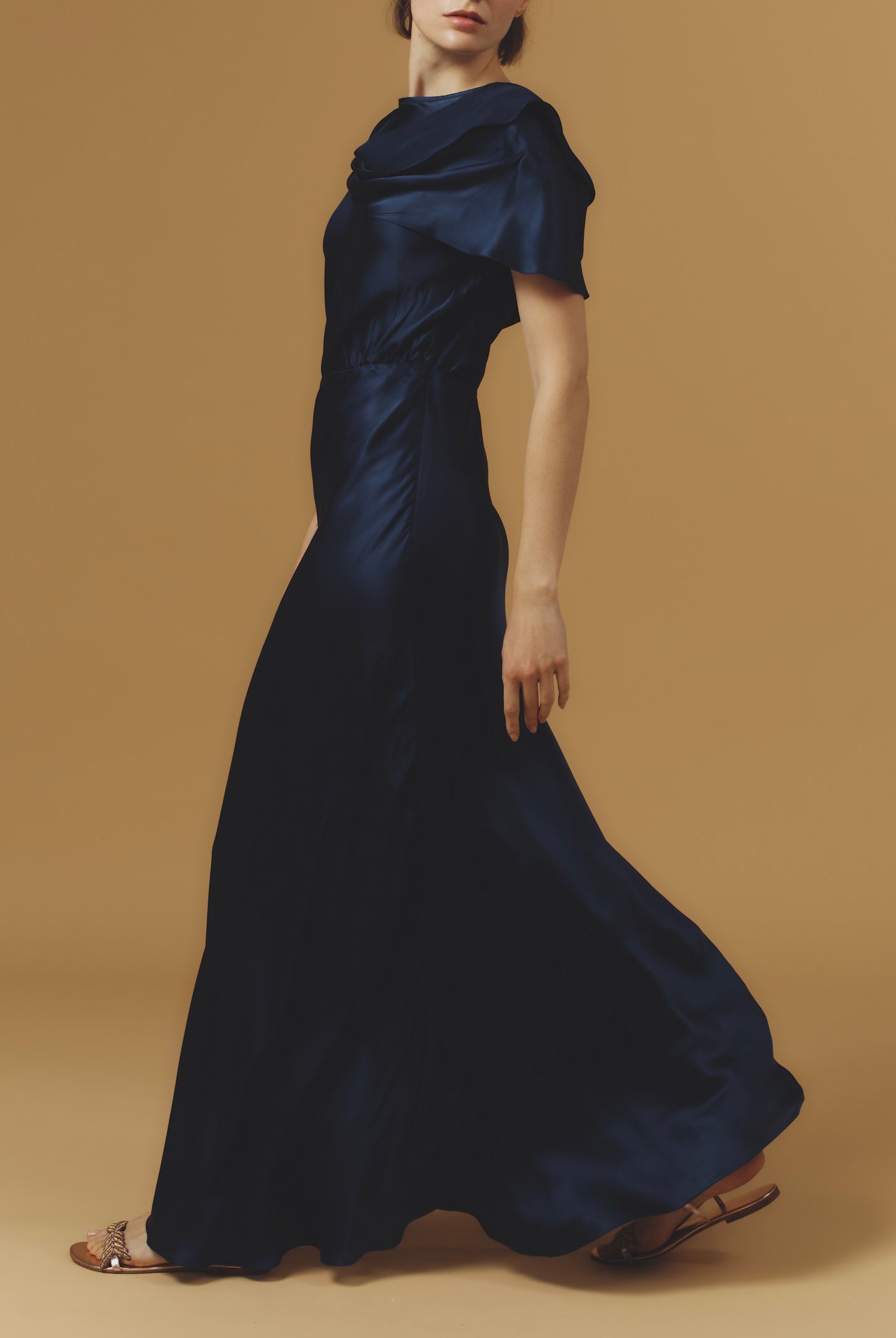 Side view of Whitney Night Blue Silk Dress long by Thierry Colson