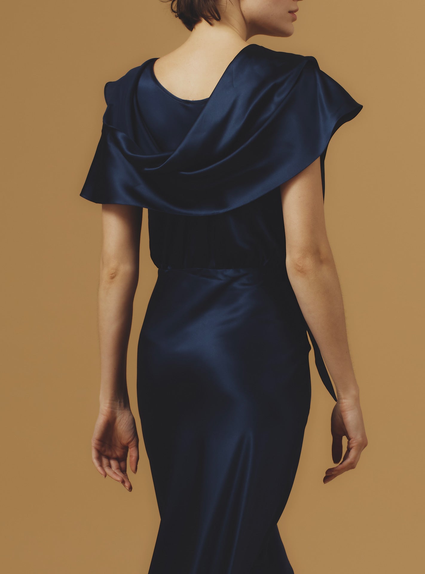 Detail back of Whitney Night Blue Silk Dress long by Thierry Colson