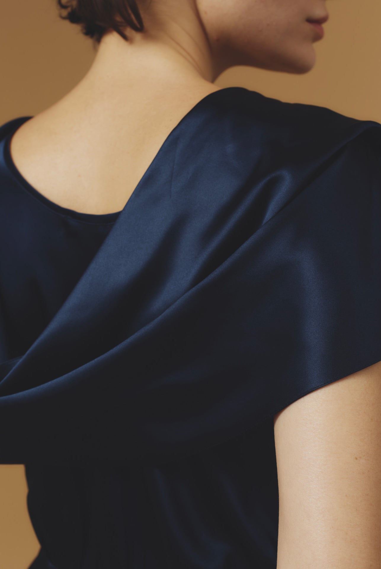 Close up of Whitney Night Blue Silk Dress long by Thierry Colson