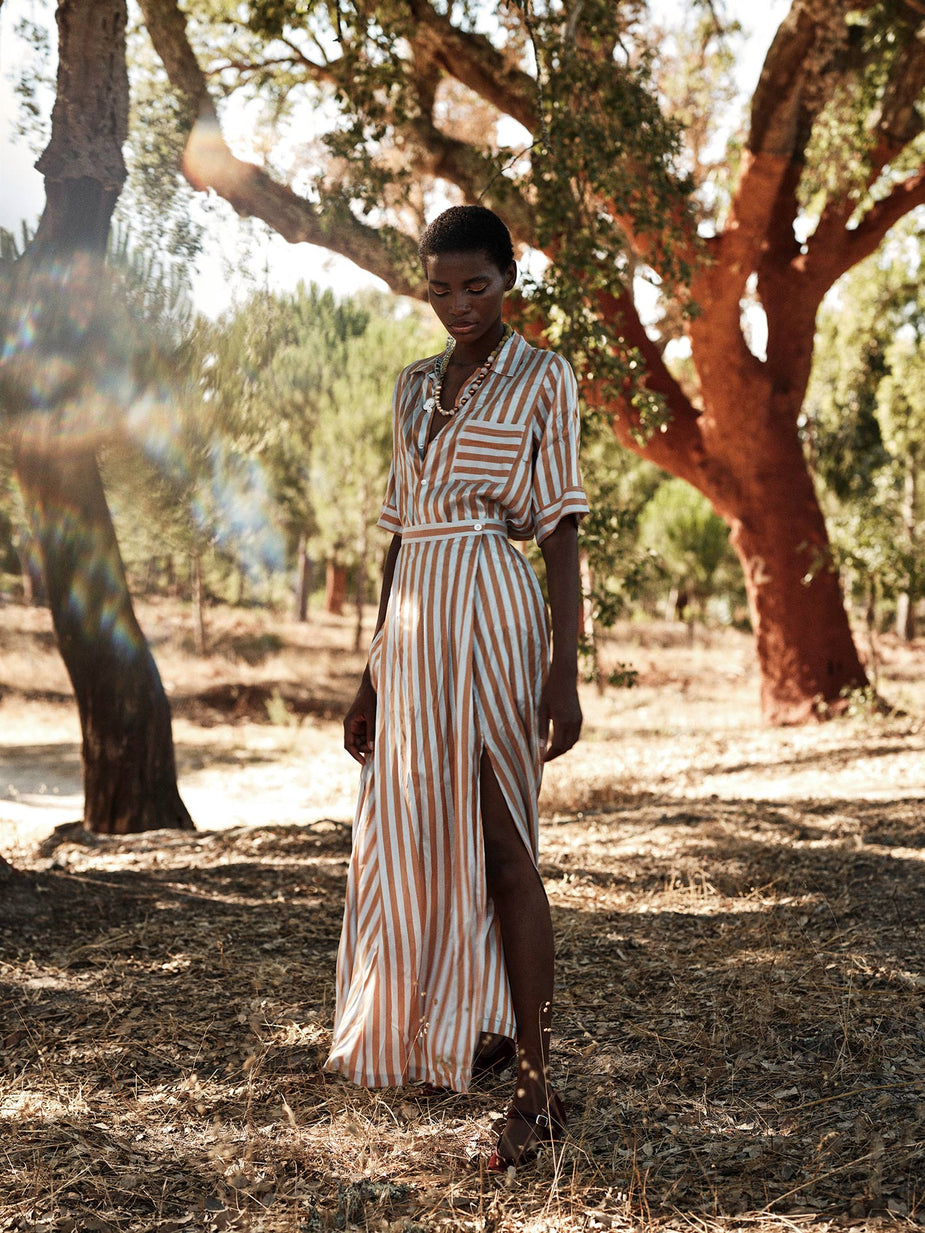 Zorah Long Dress - Bouboulina Stripes - Brandy / Emerald